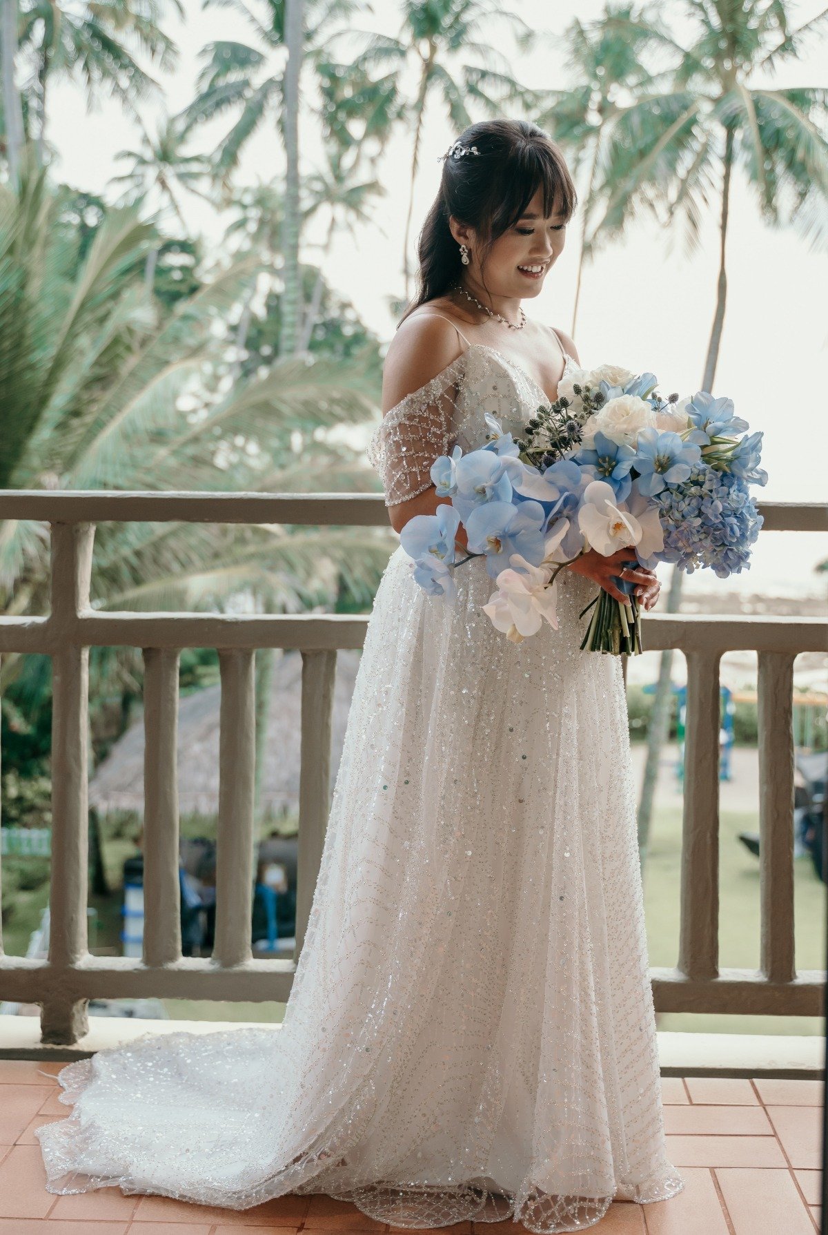 blue and white orchid bouquet