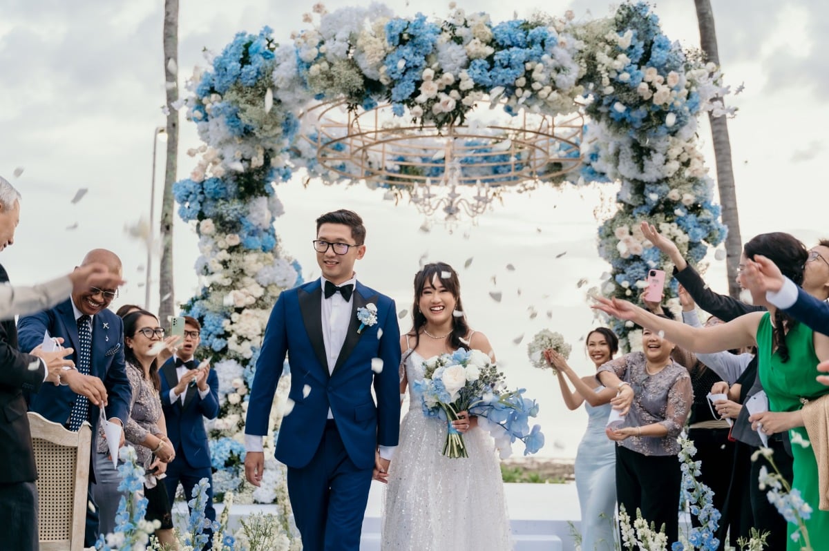 white rose petal shower