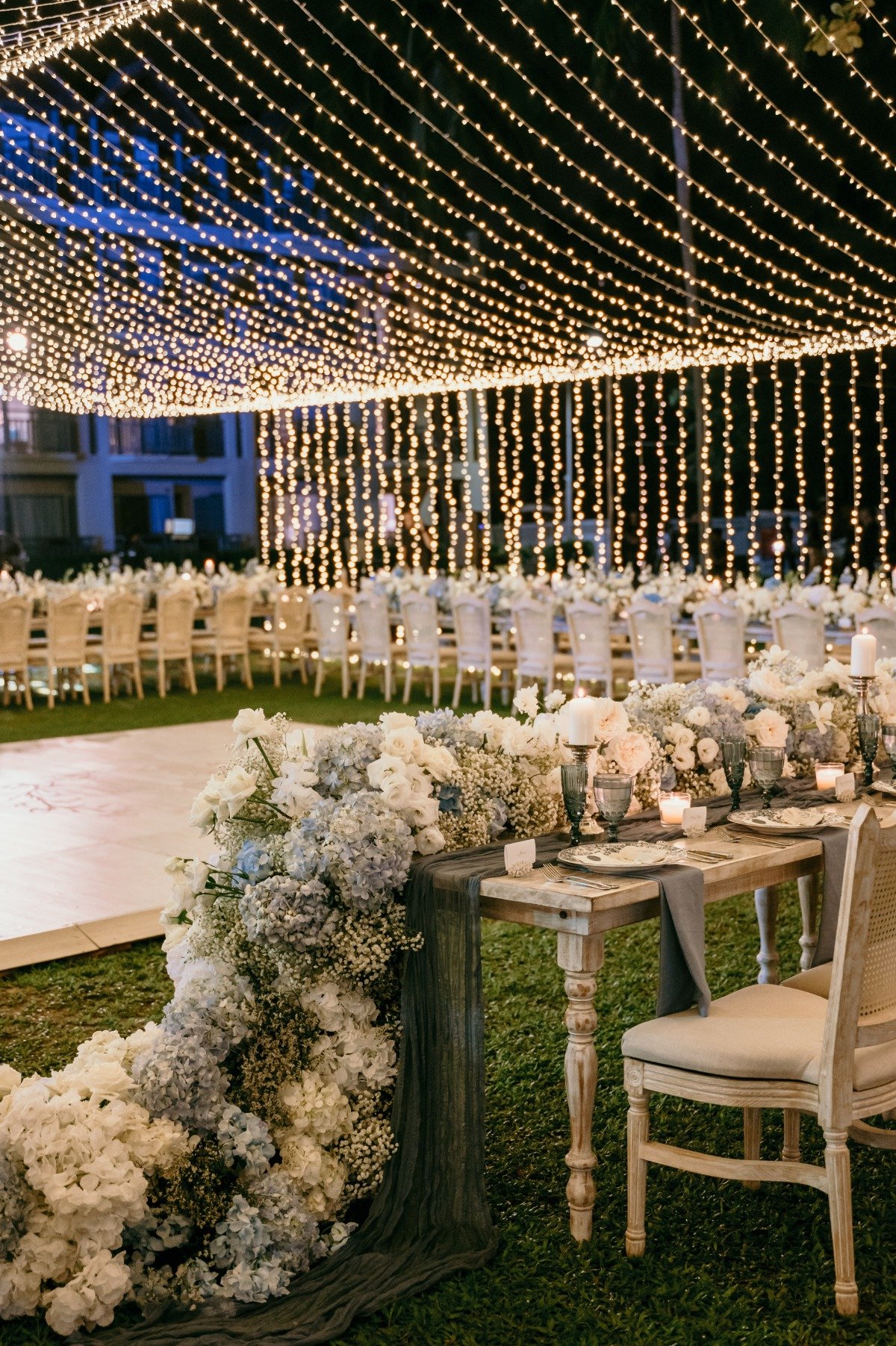 waterfall blue and white floral table runner