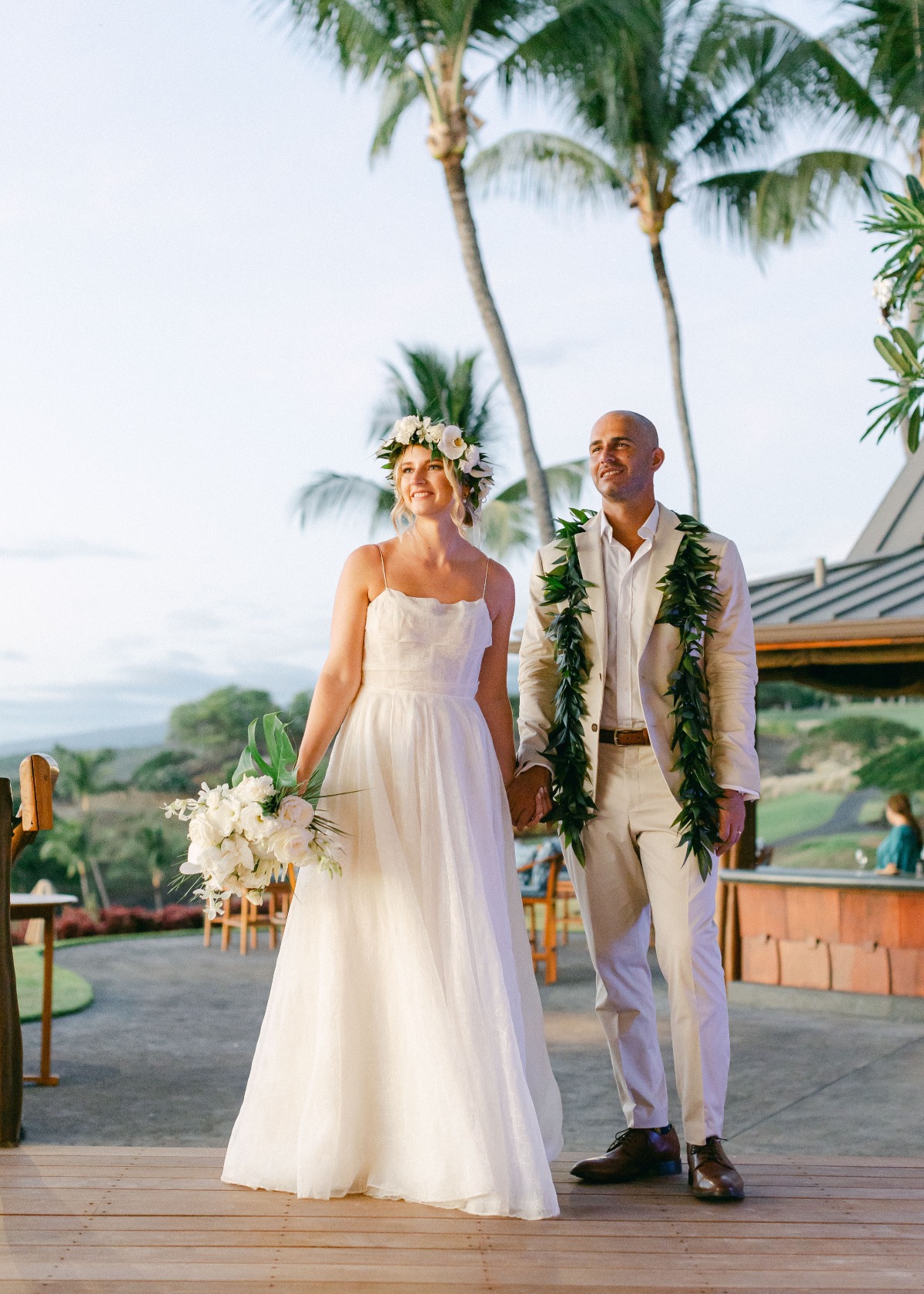 bride and groom at wedding reception in hawaii