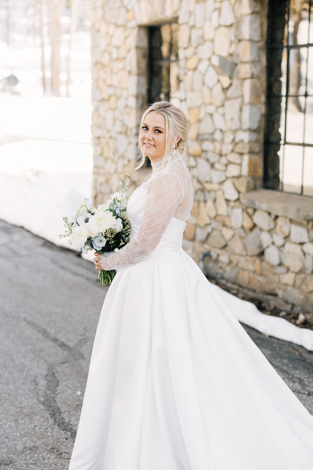 strapless wedding gown with lace wedding topper