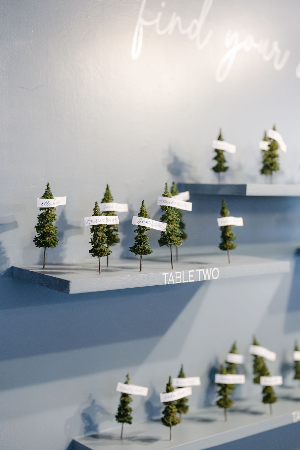 winter wedding seating chart with miniature pine trees