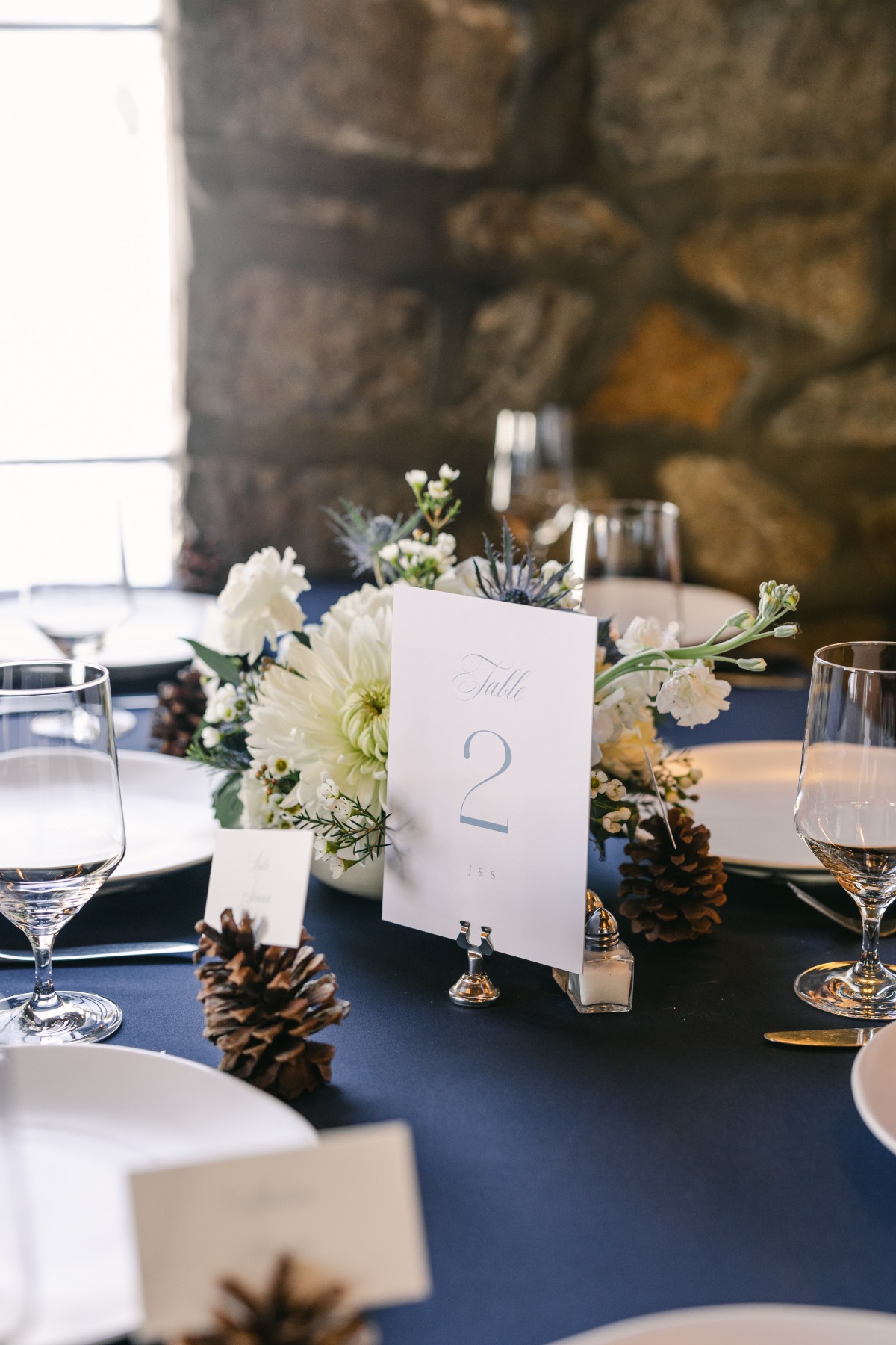 blue and white winter wedding reception