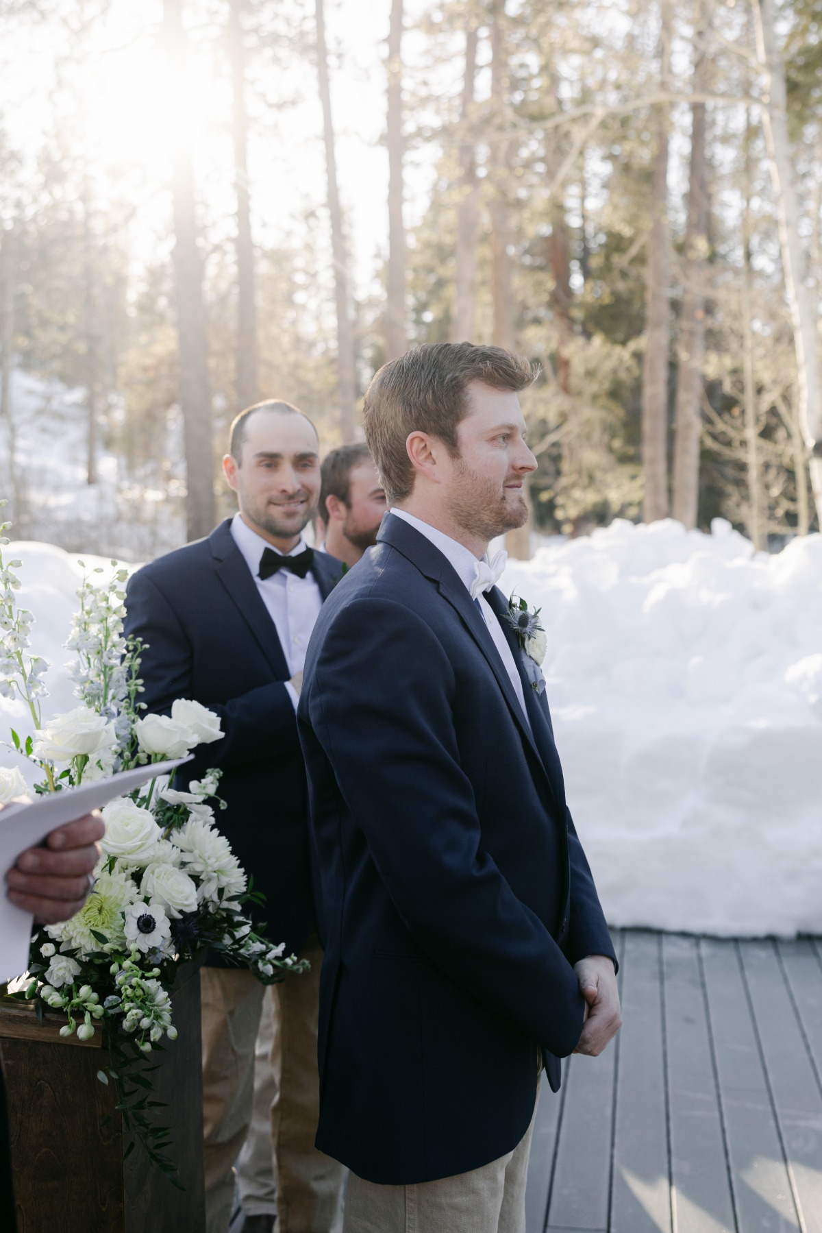 snowy winter wedding ceremony 