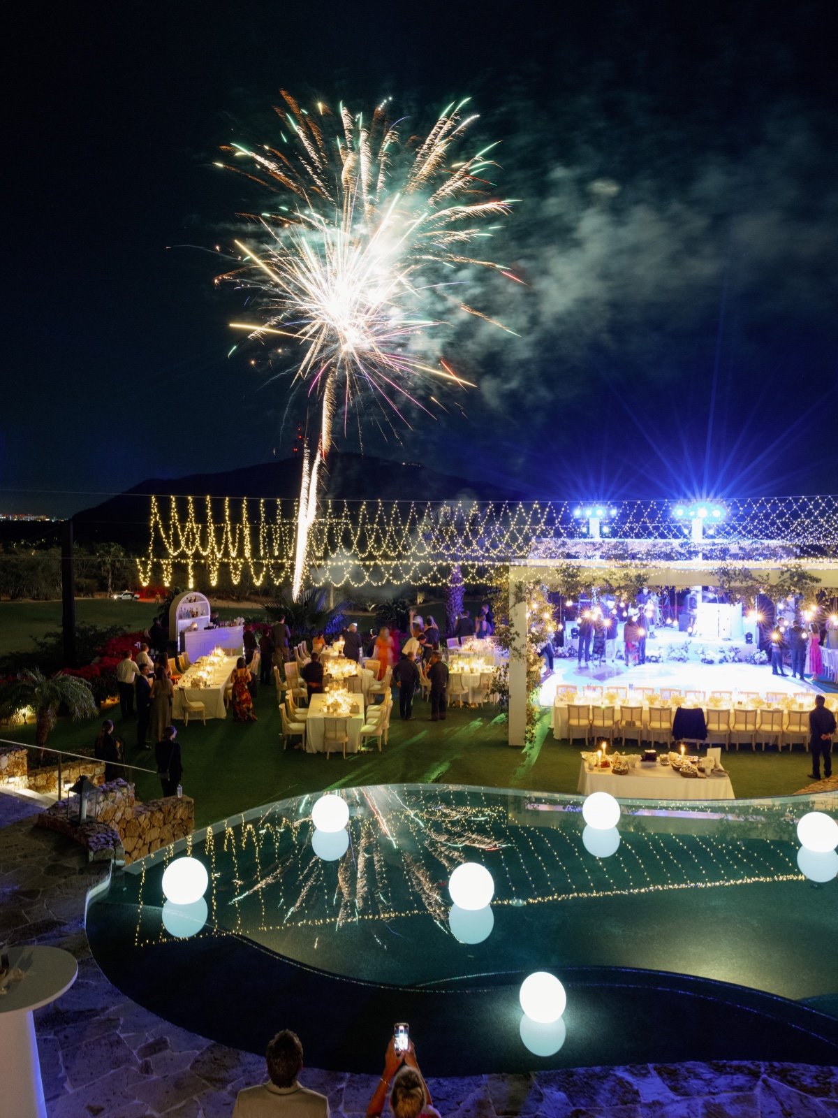 fireworks at outdoor wedding reception in cabo