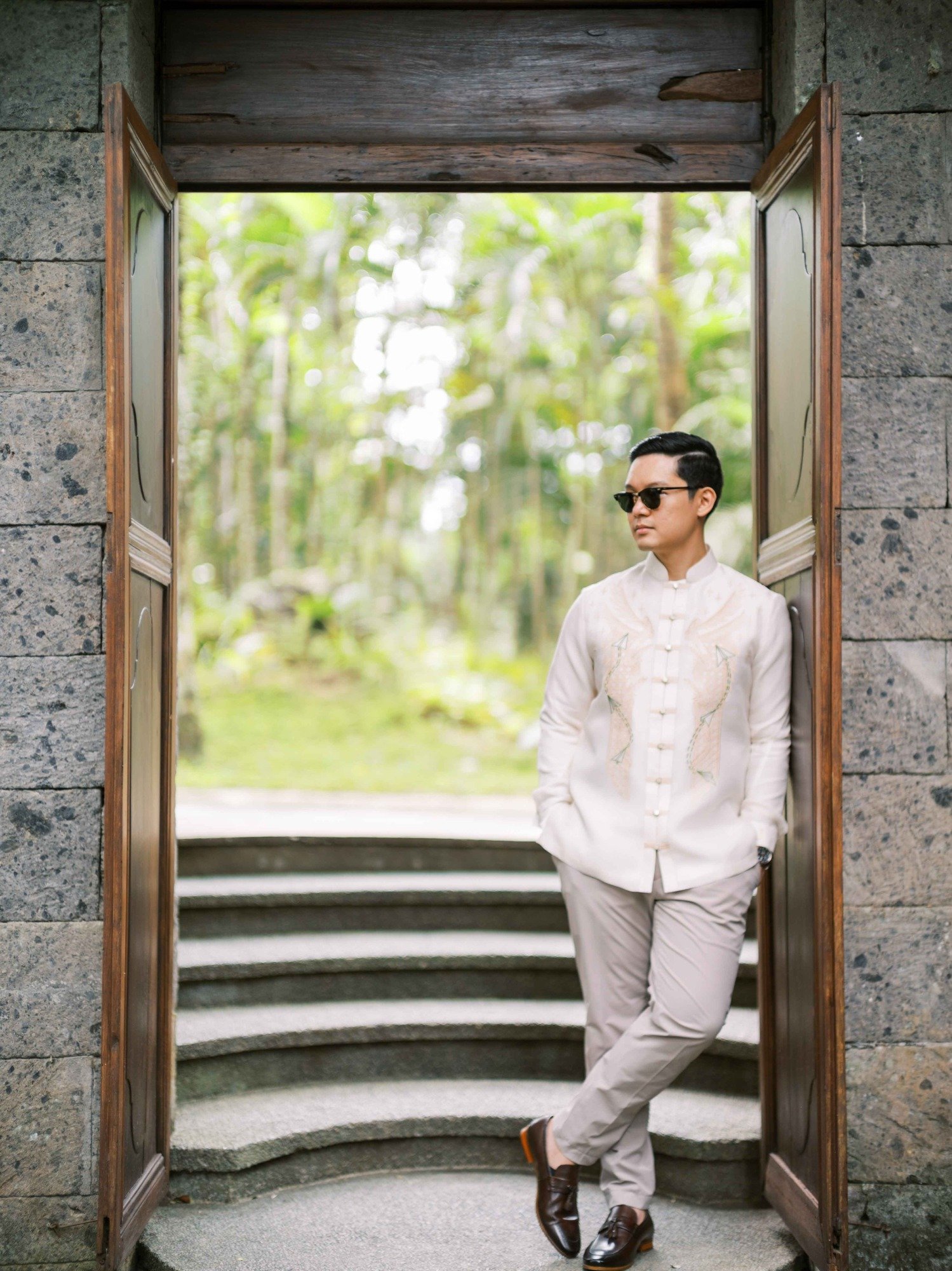 groom in custom Barong Tagalog 