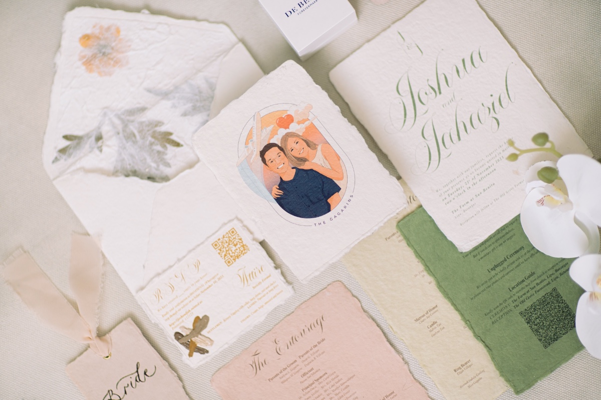 pastel wedding invitation suite with portrait