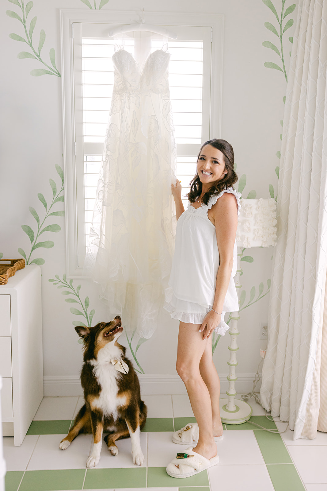 bride getting ready in vintage bathroom