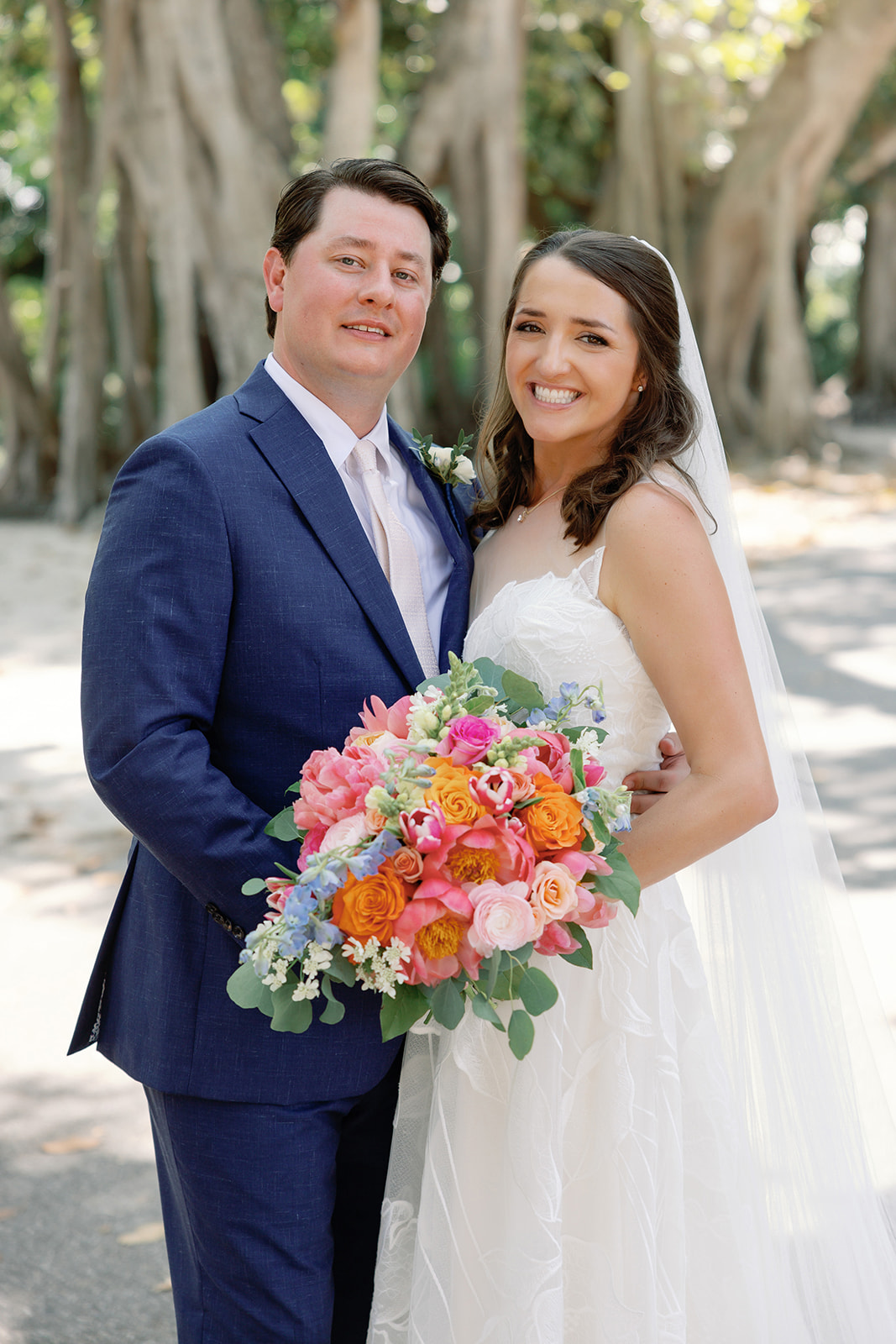 pink blue and orange wedding bouquet