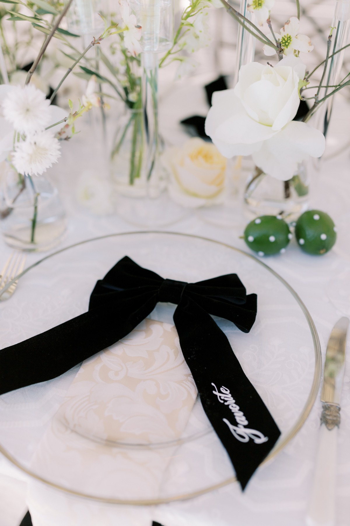 embroidered black velvet bow for place card at wedding reception