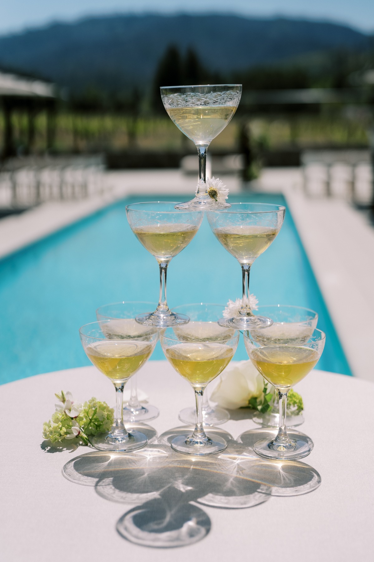 modern champagne tower with pool backdrop