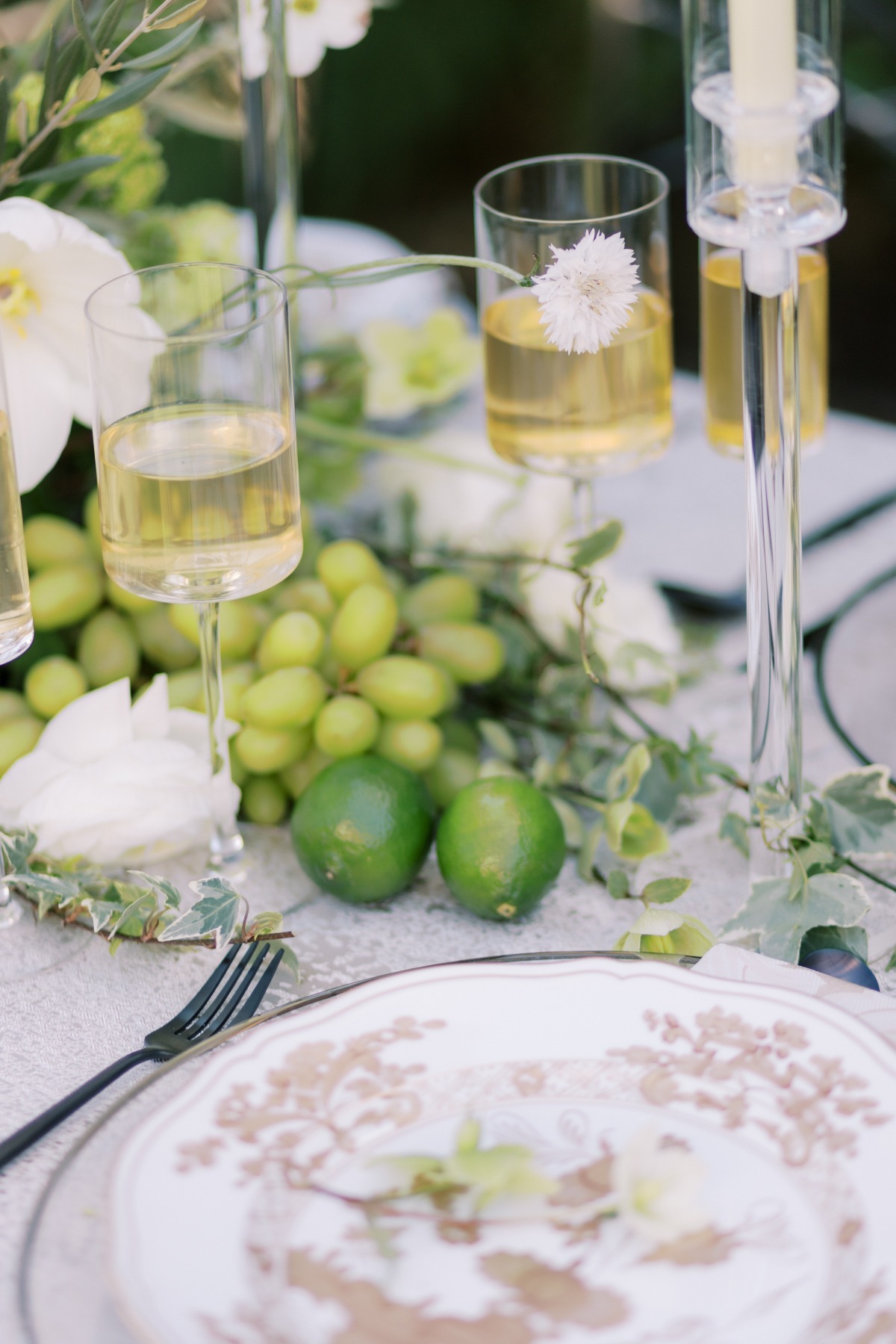 modern champagne flutes china plates and fruit centerpieces for wedding