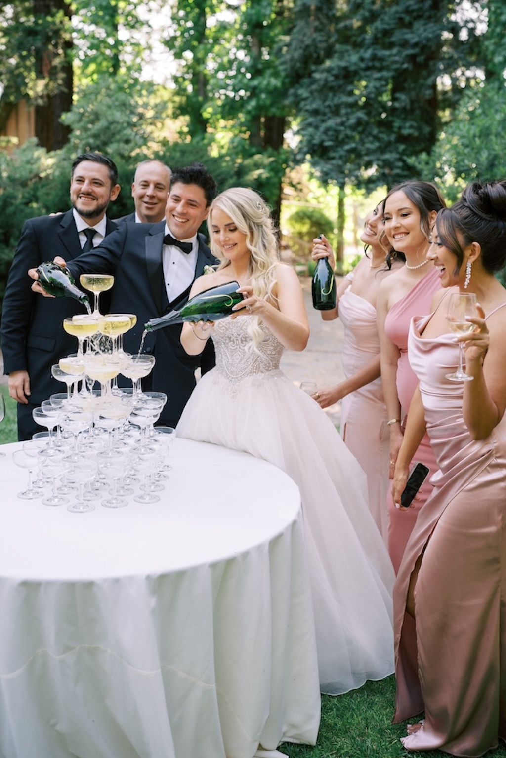 champagne tower at napa valley wedding