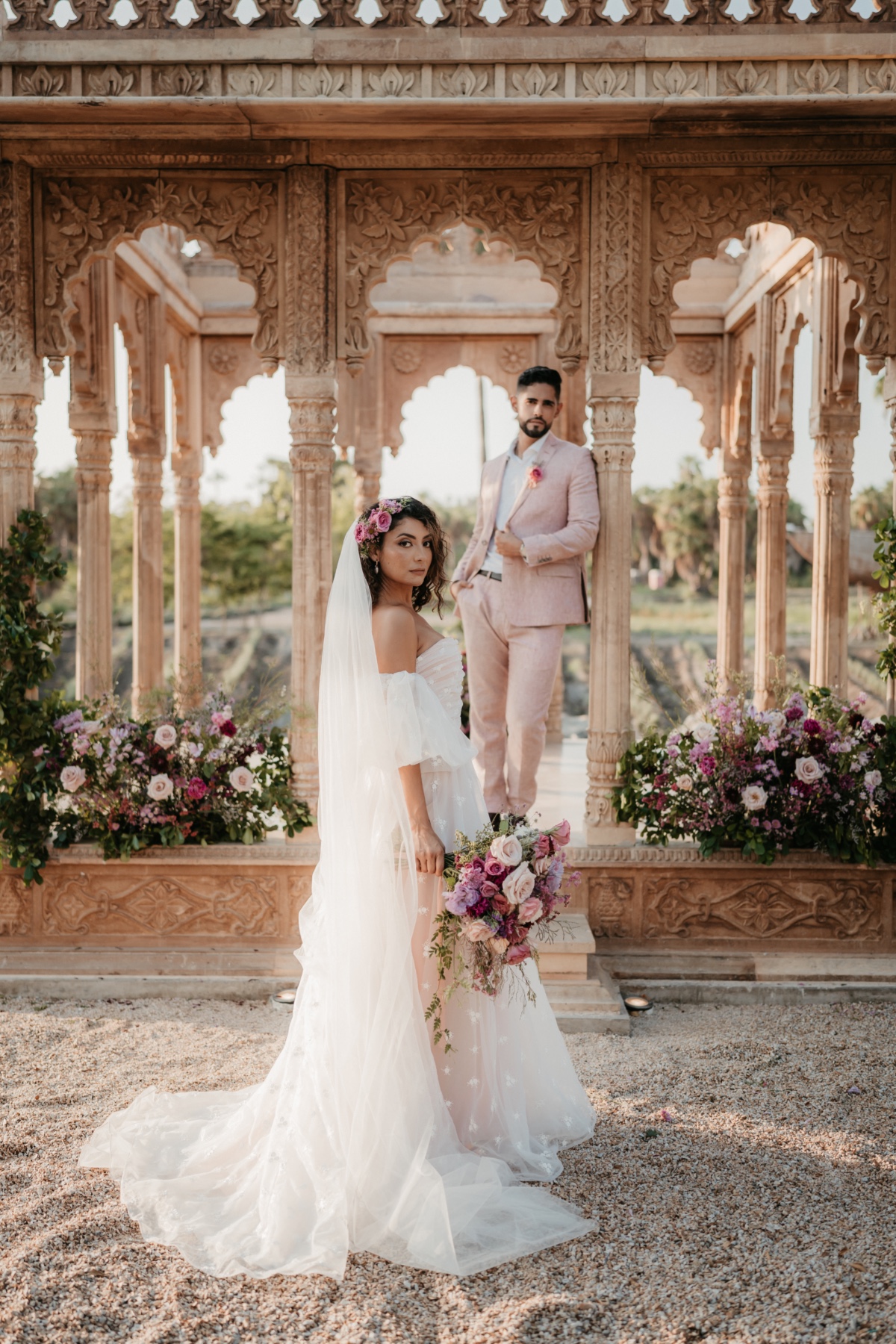 blush wedding inspiration with pink suit