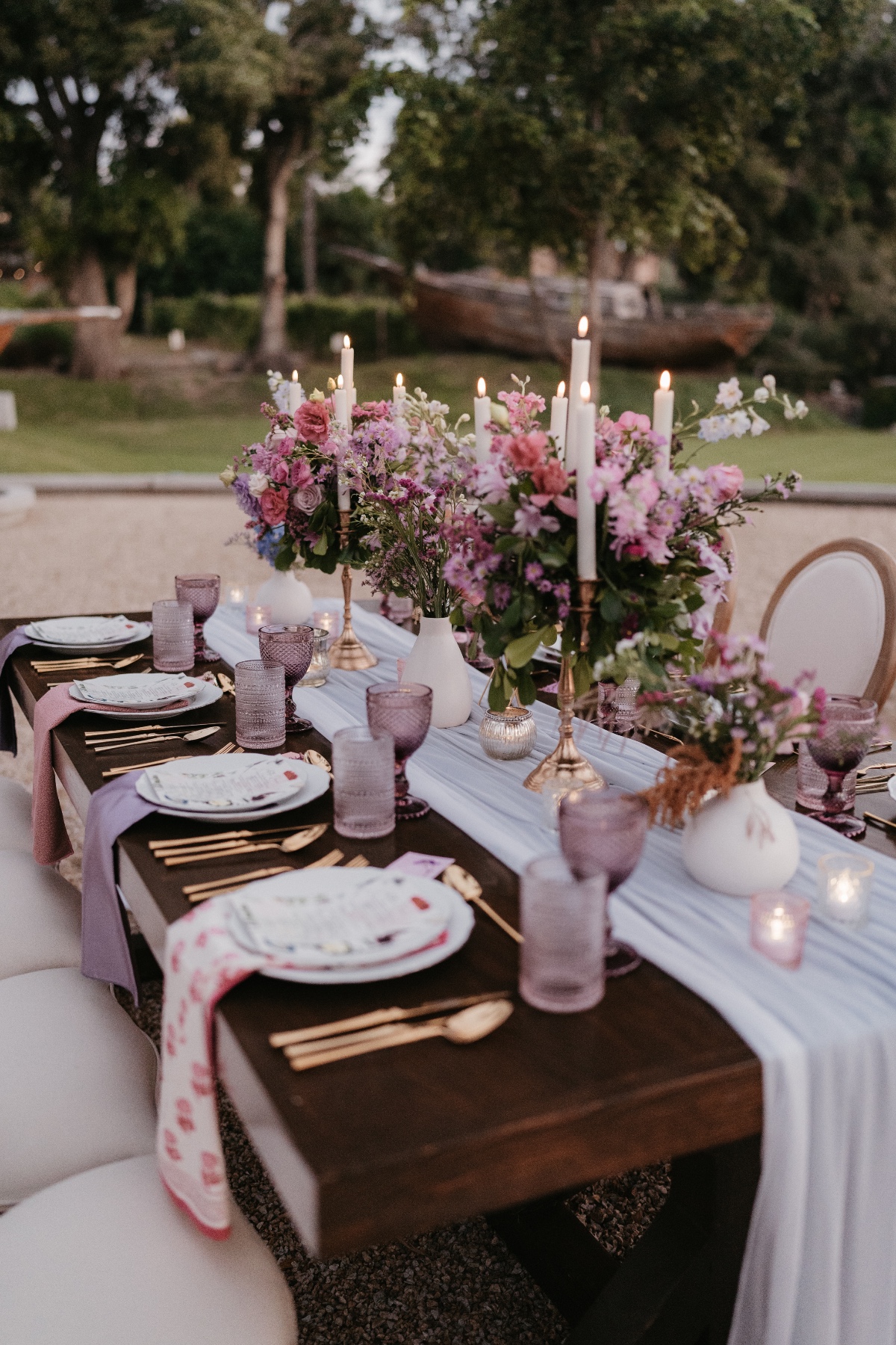 pink and purple wedding tablescape