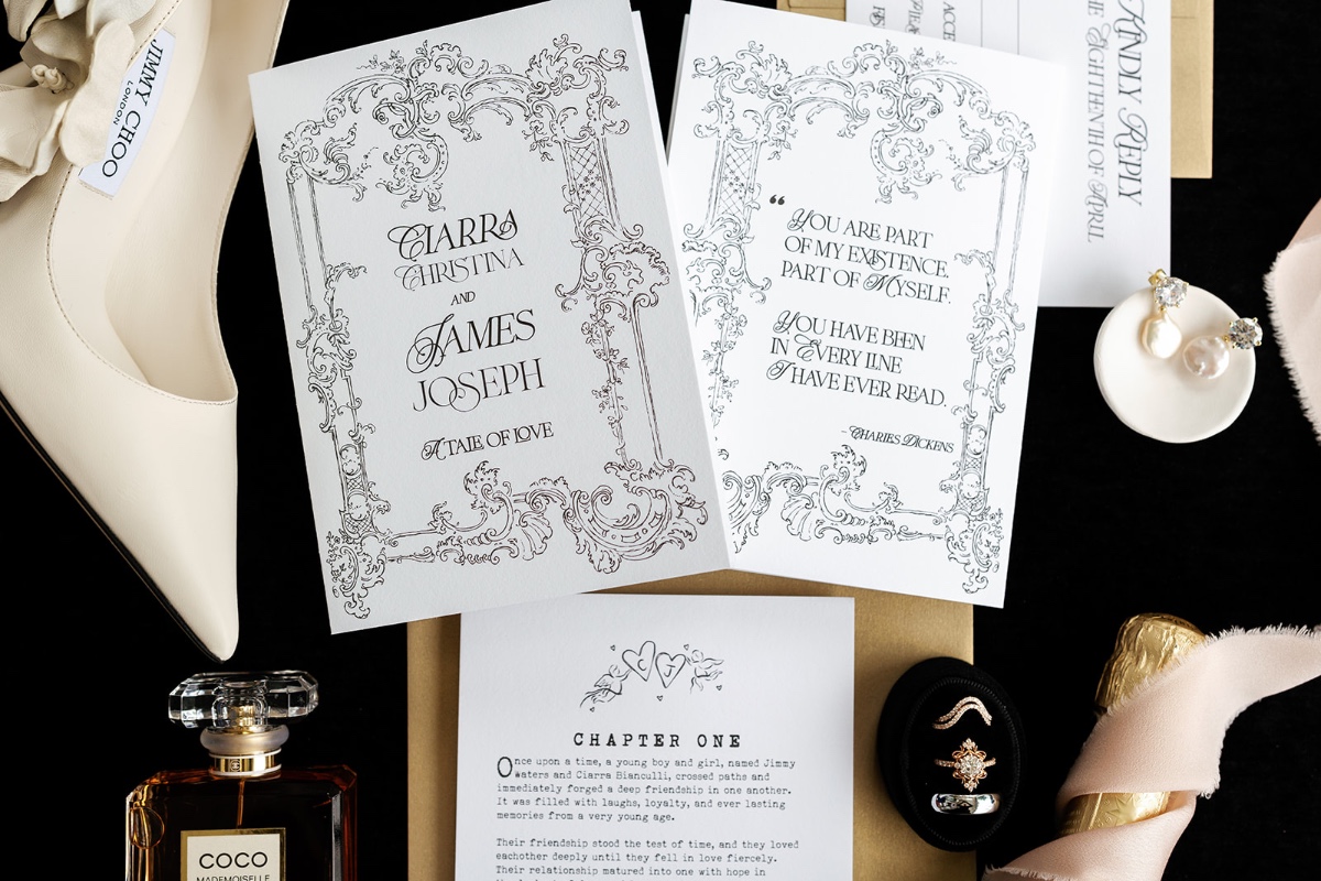 black and white book inspired wedding invitations with quote