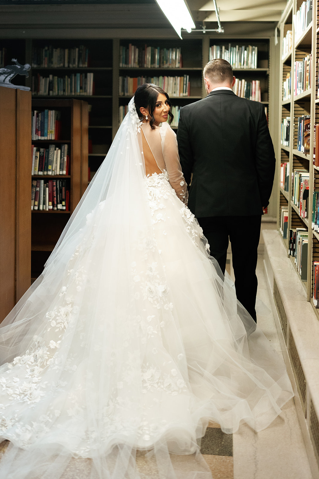 bride and groom at library wedding