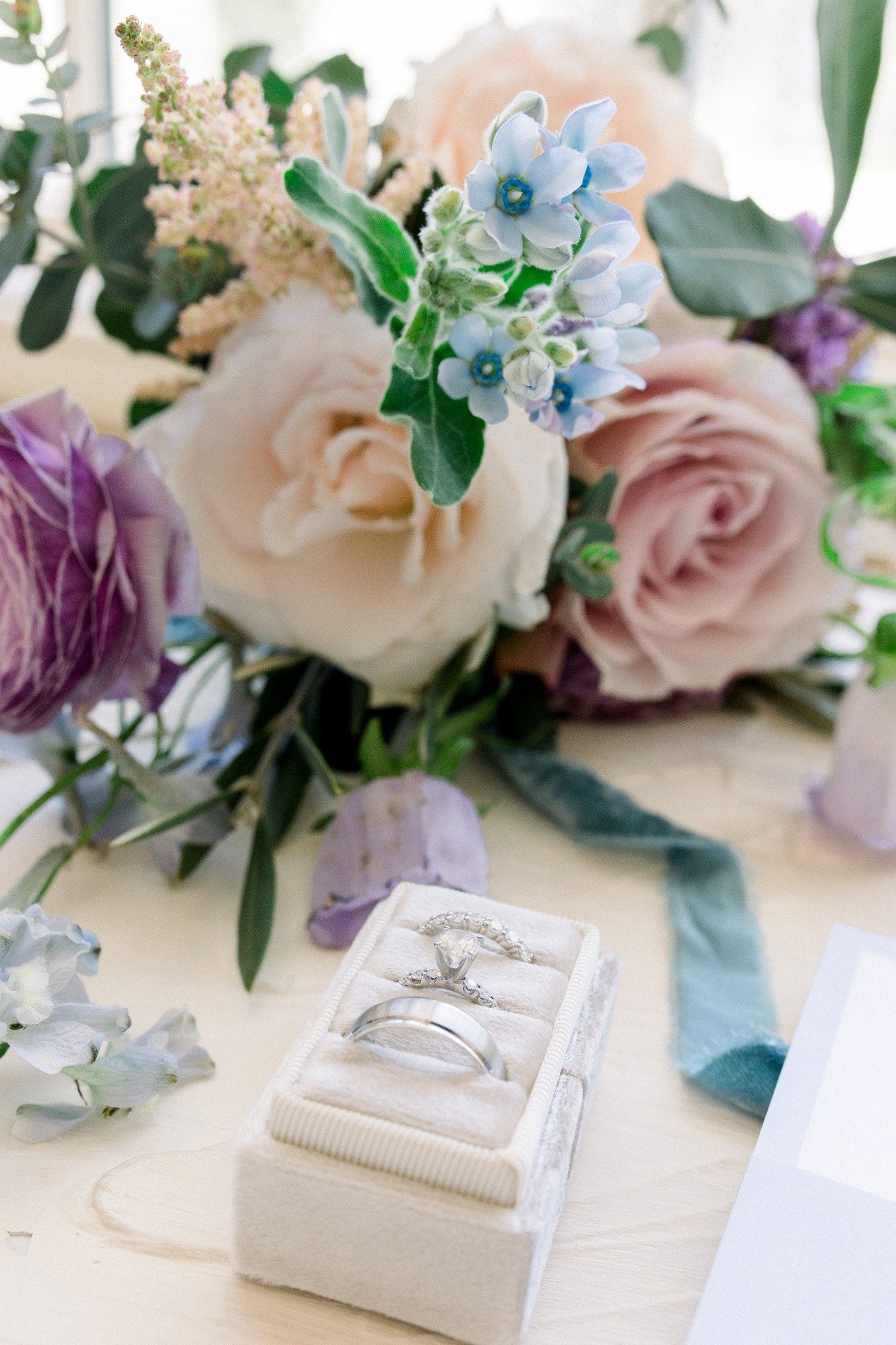 blue blush lilac wedding bouquet