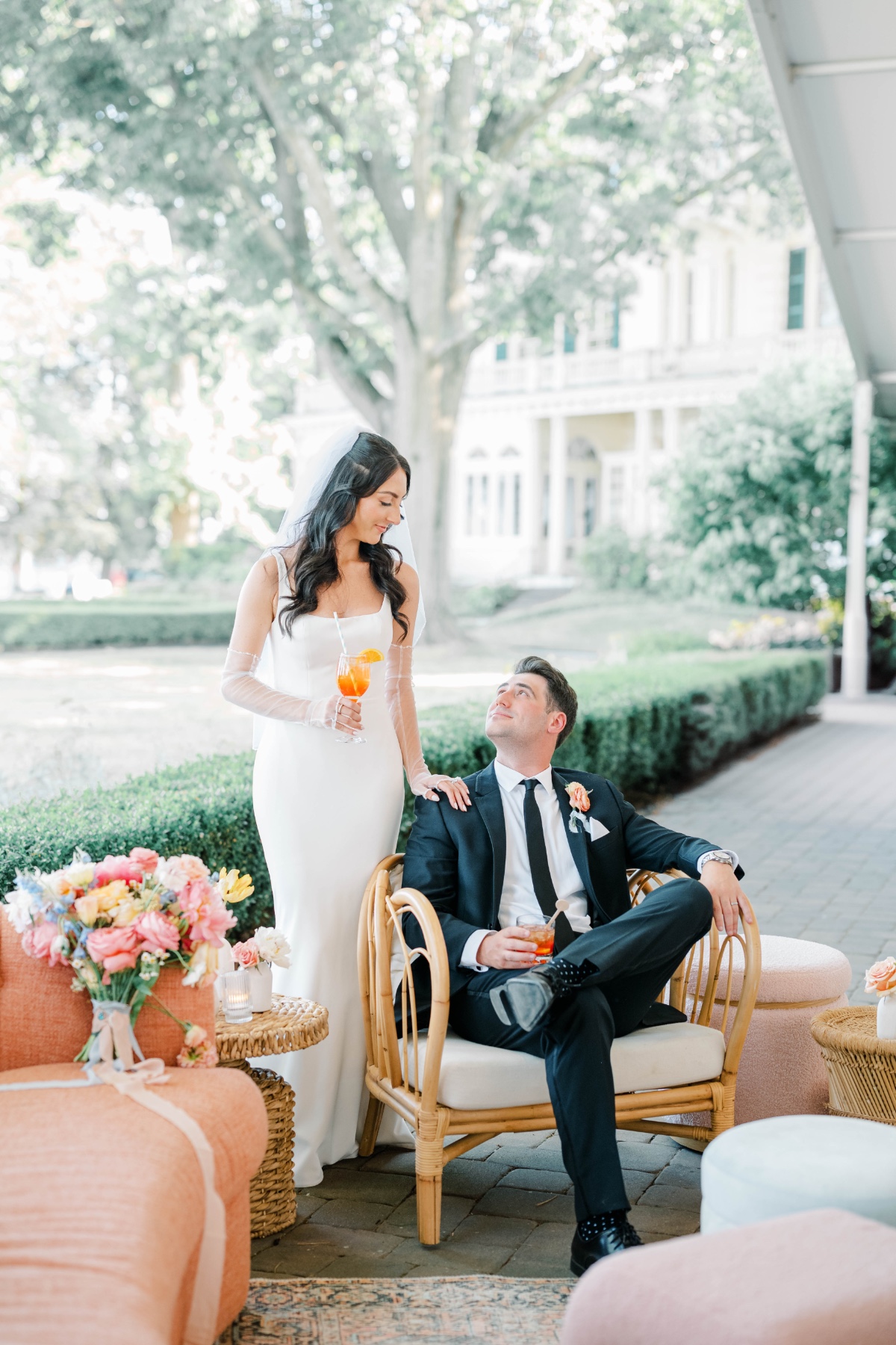 outdoor pastel wedding lounge