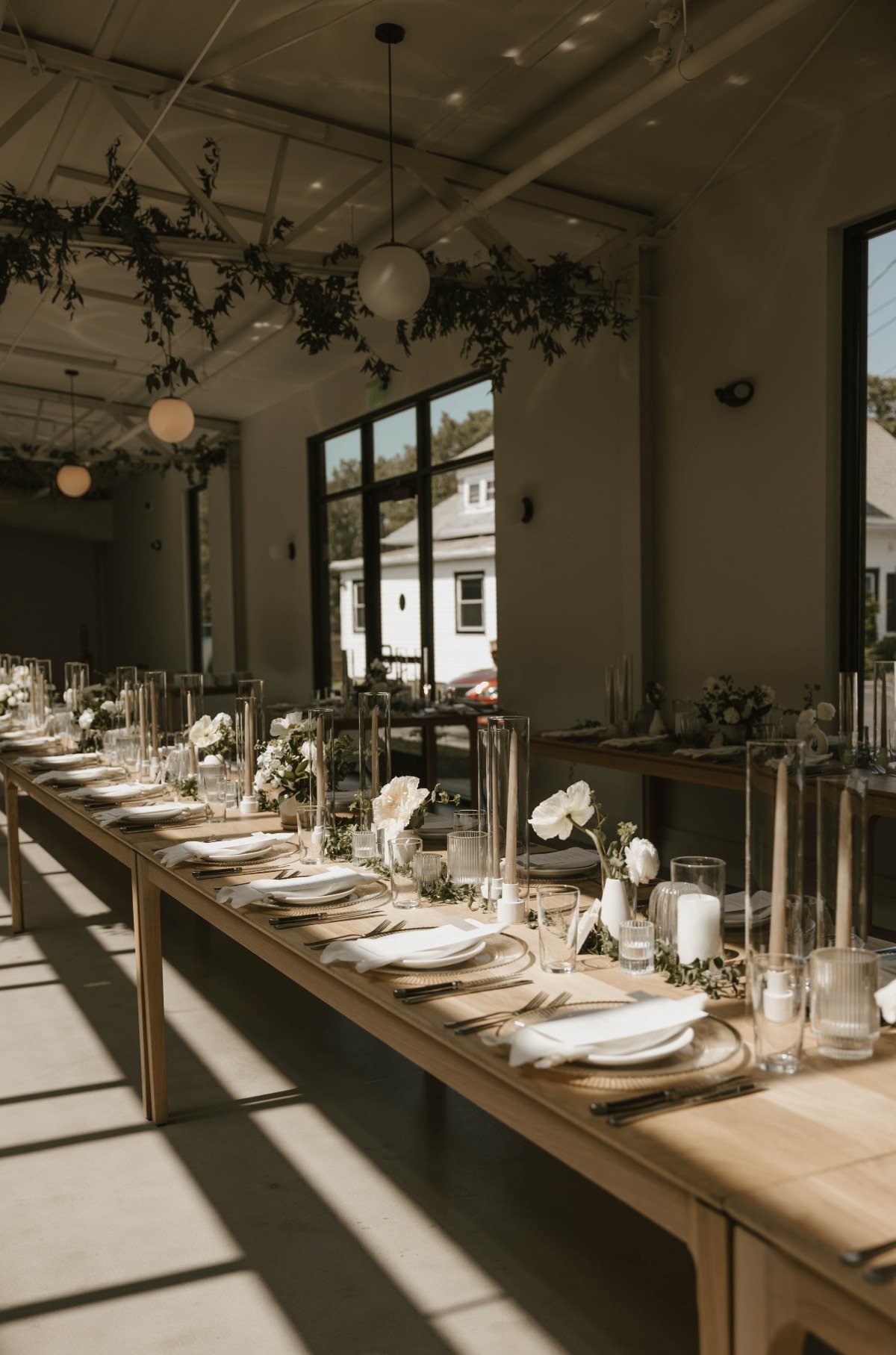 natural wood and white wedding reception