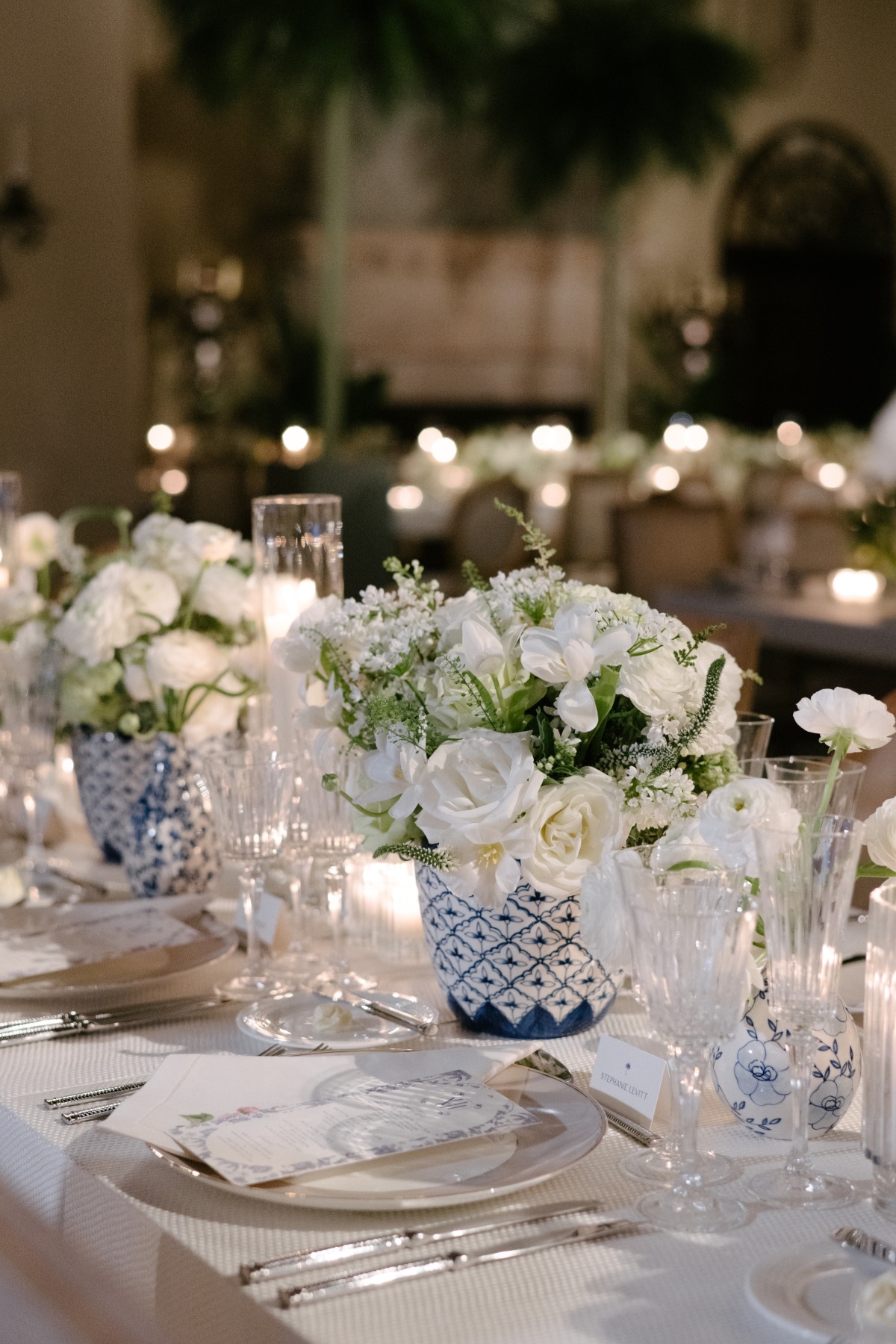 blue and white wedding reception