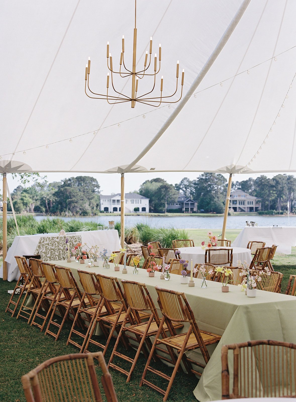 tented reception with chandelier