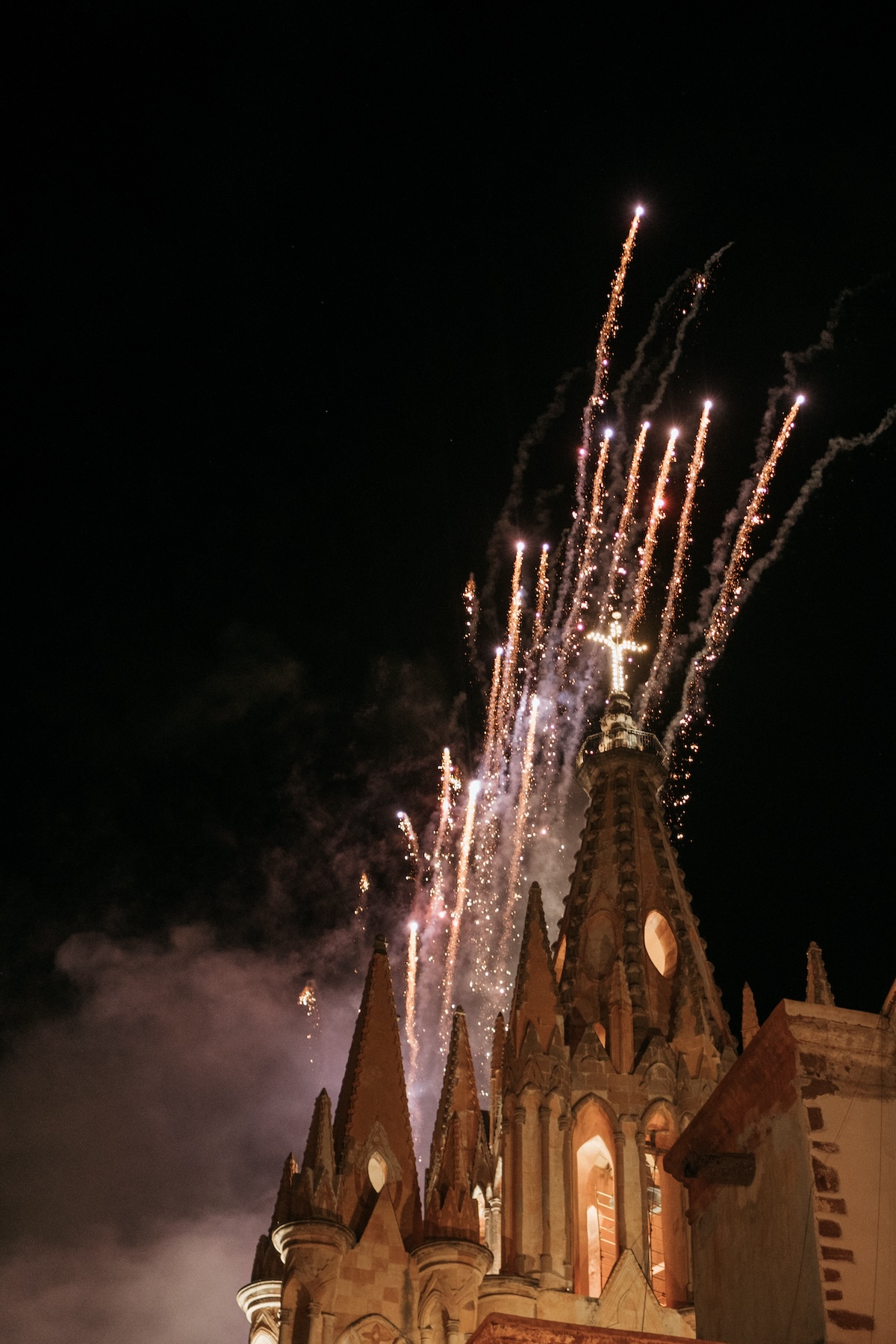 fireworks at chapel in mexico for wedding