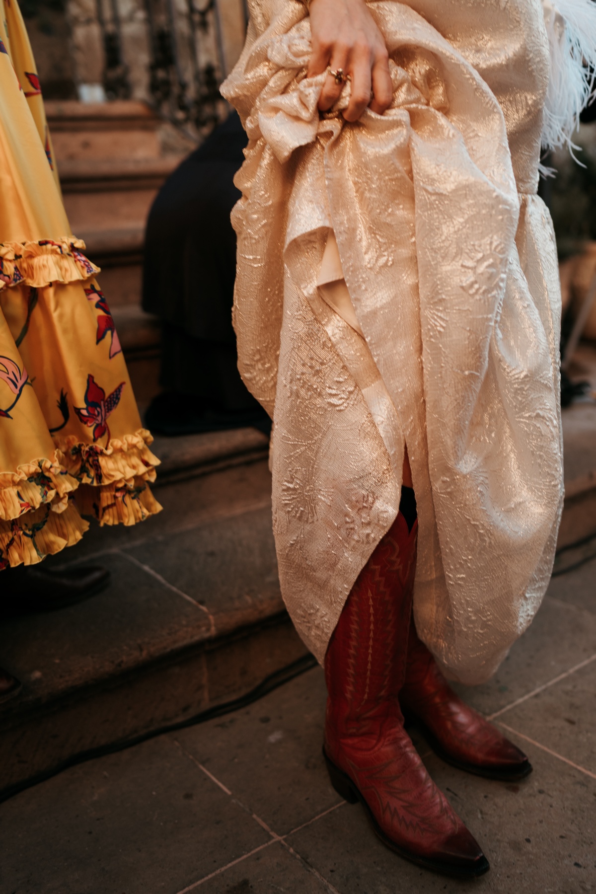 dress with cowboy boots for rehearsal dinner