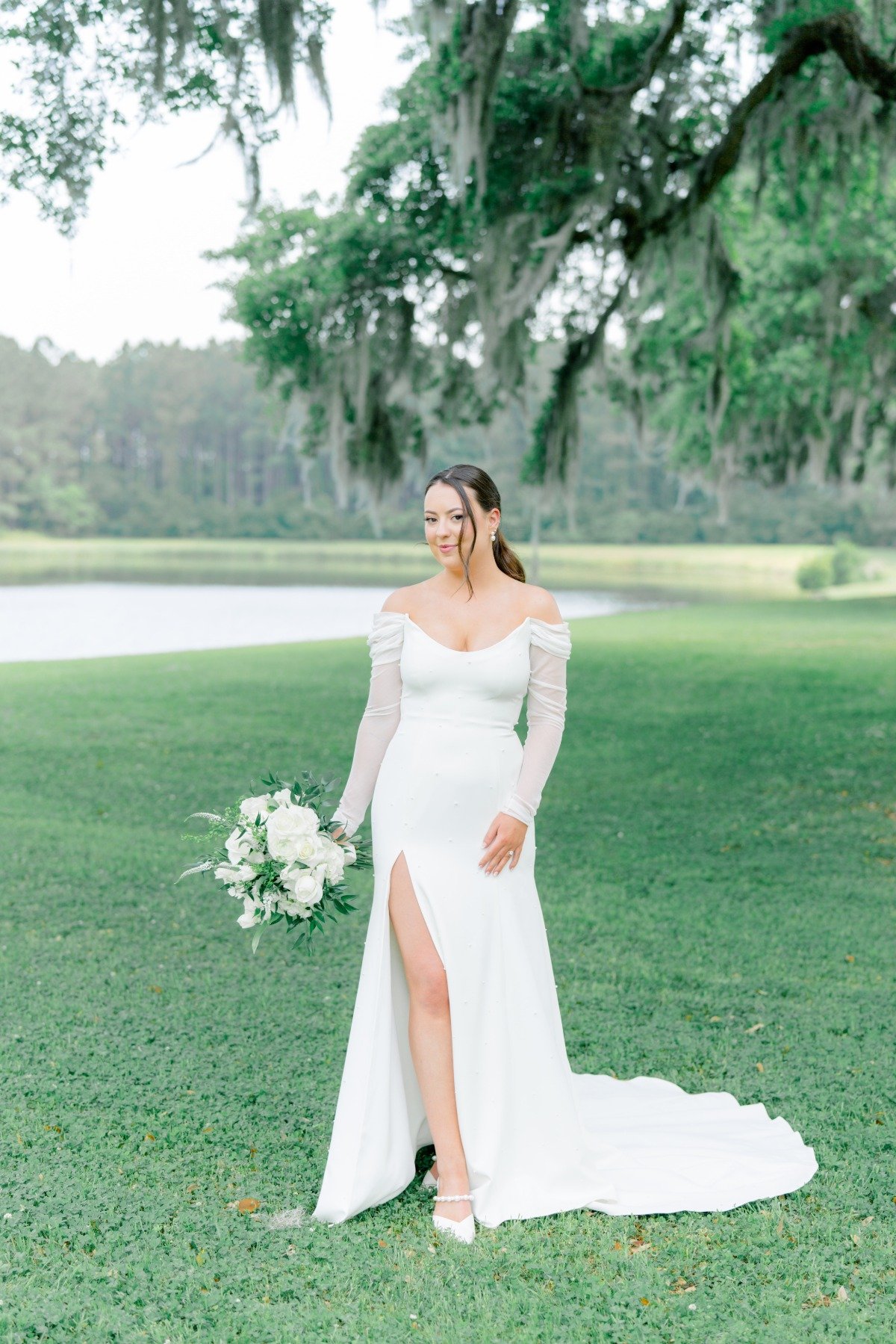 pretty long sleeve off the shoulder mermaid wedding gown