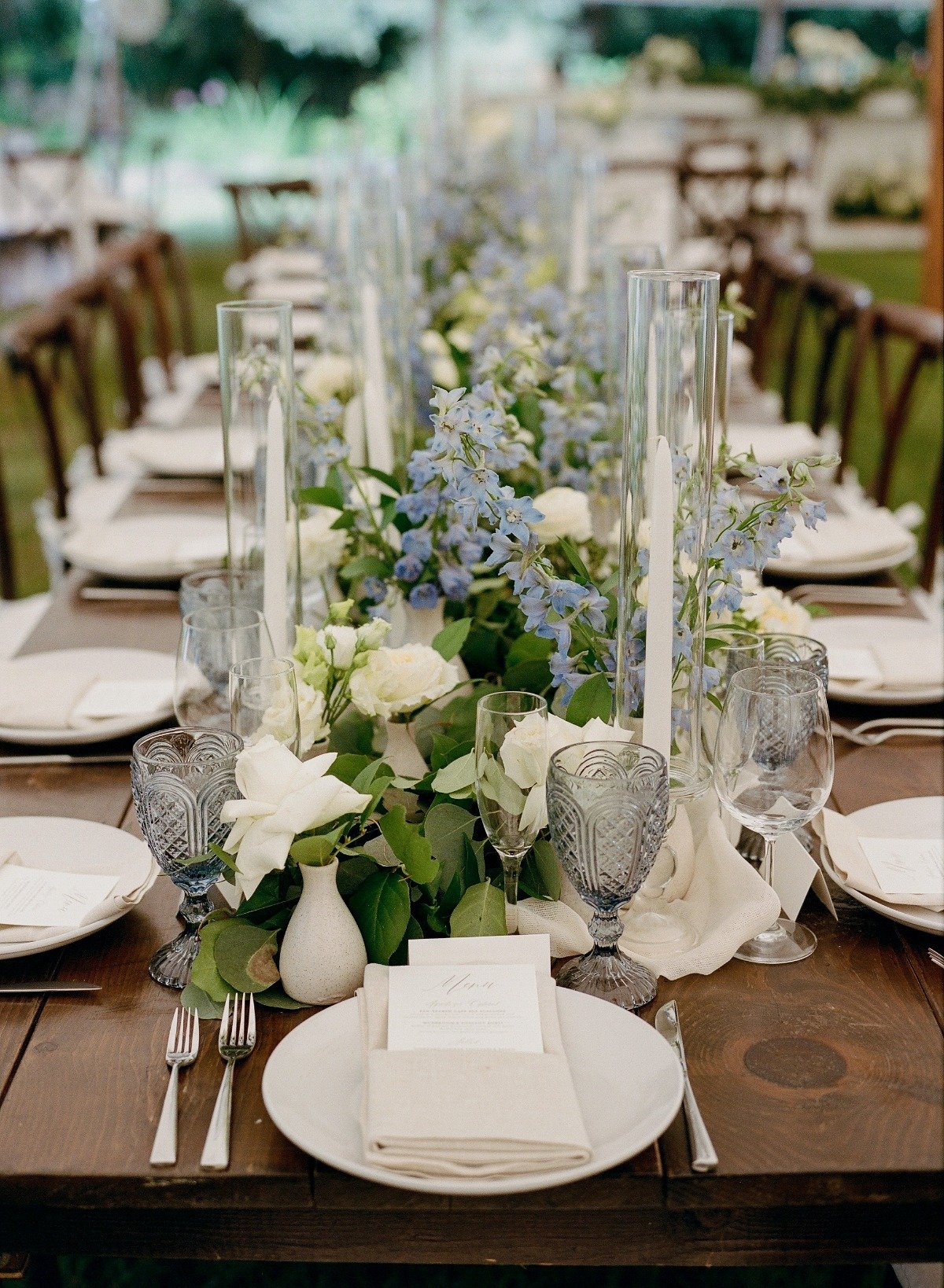 blue and white wedding reception tablescape