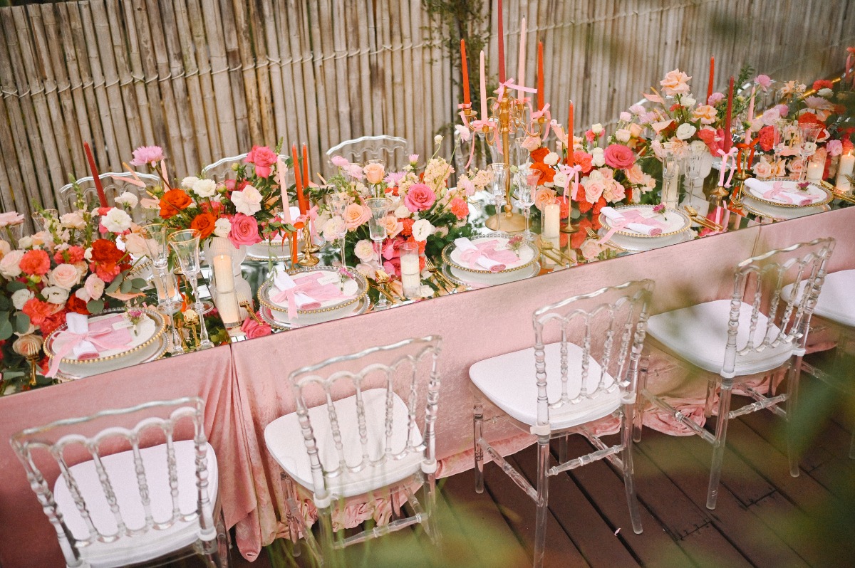 overhead shot of reception set up and wedding table decor