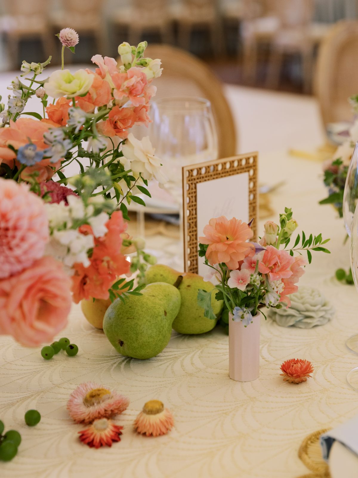 pears and pastel flowers for wedding reception