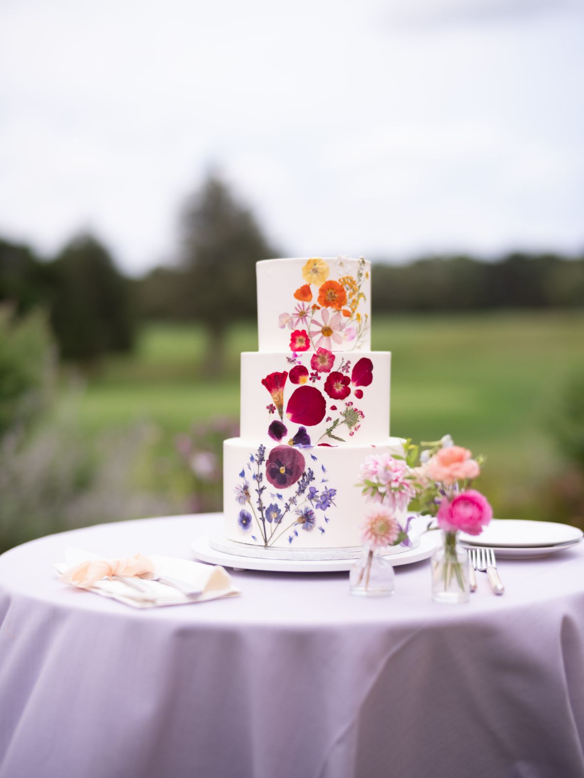 colorful pressed flower wedding cake ideas