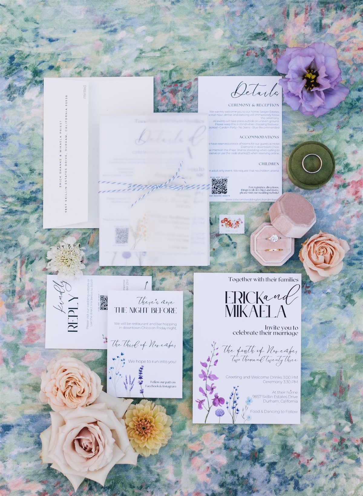 modern printed wedding invitations with wildflowers