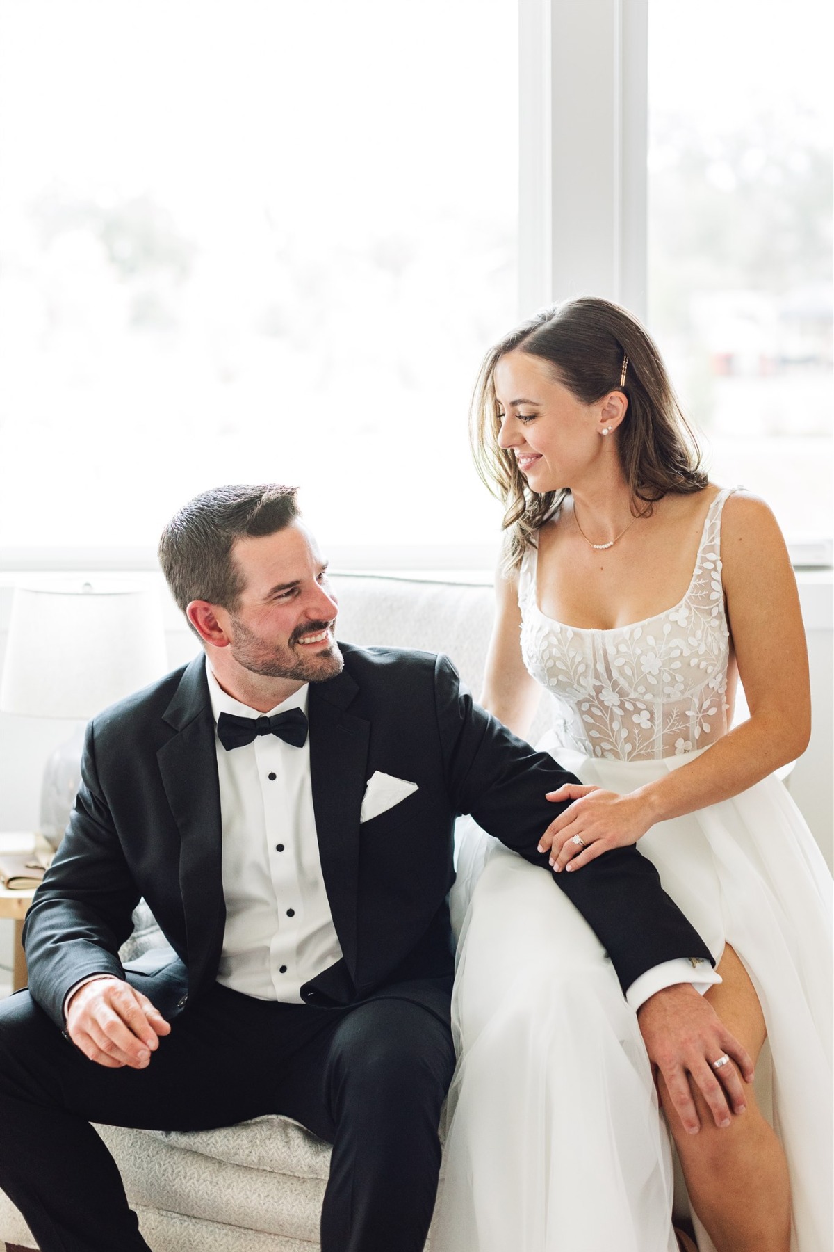 bride with sheer lace bra top wedding dress