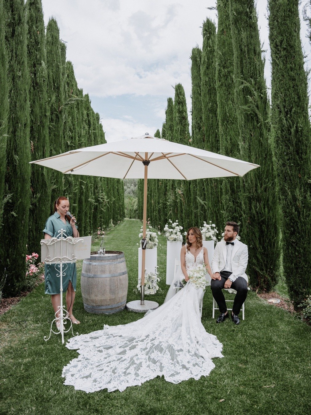 monochromatic outdoor garden ceremony 