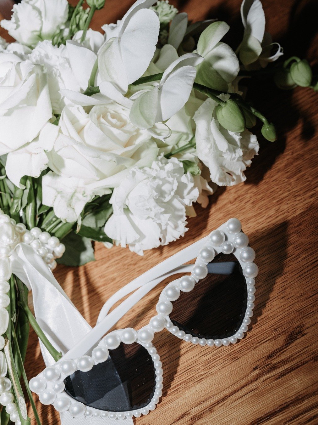 heart and pearl sunglasses for bride