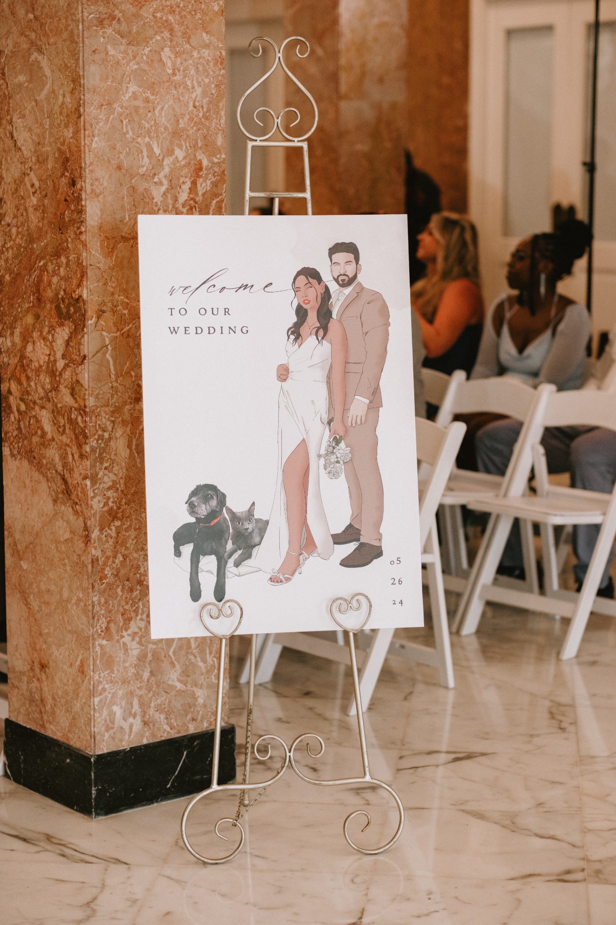 custom wedding sign with dog and cat