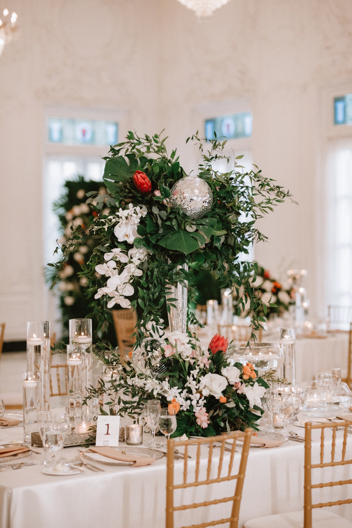 tropical disco wedding reception centerpieces 