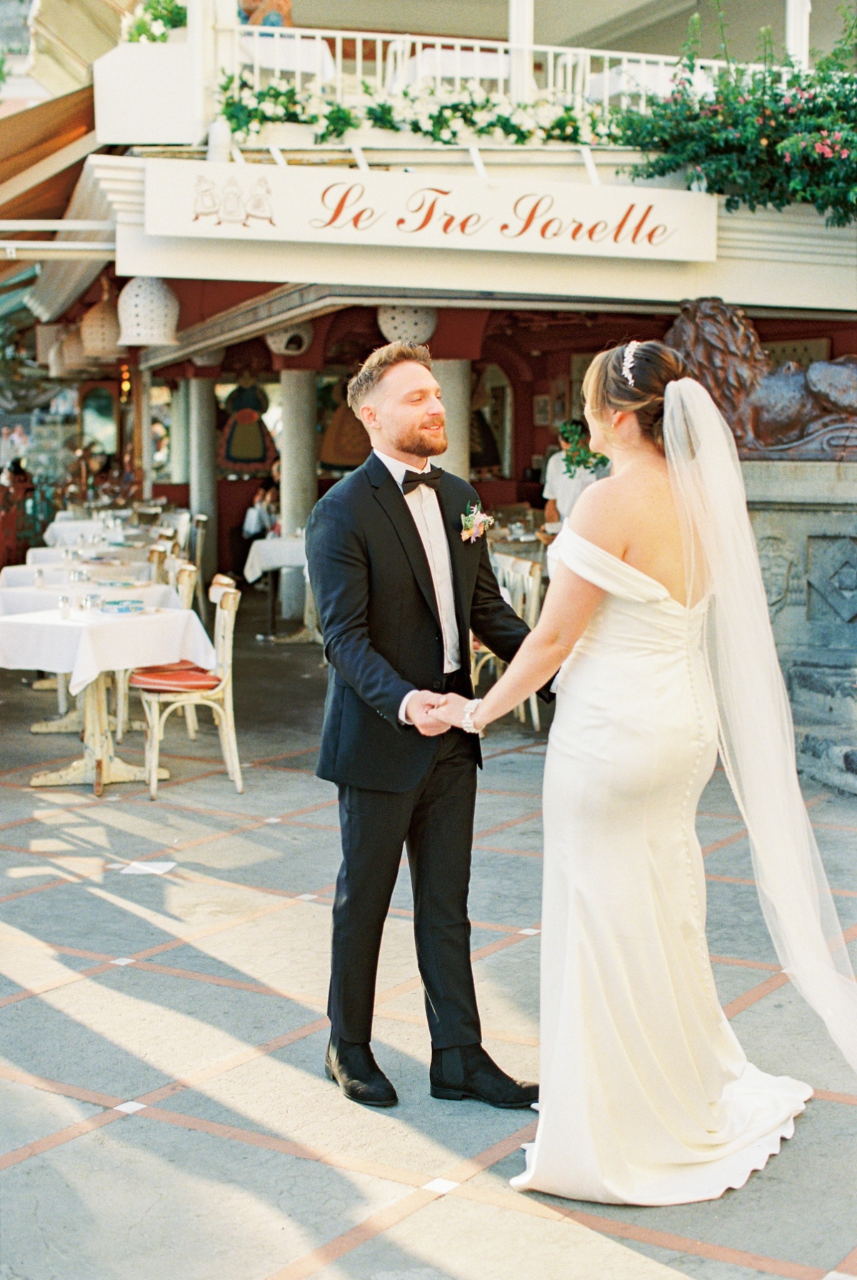 bride and groom elope in black tie outfits