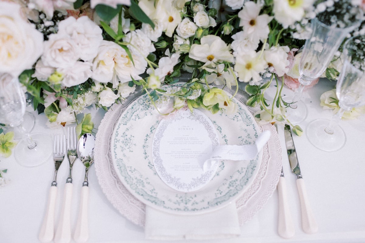 blue and white floral place settings