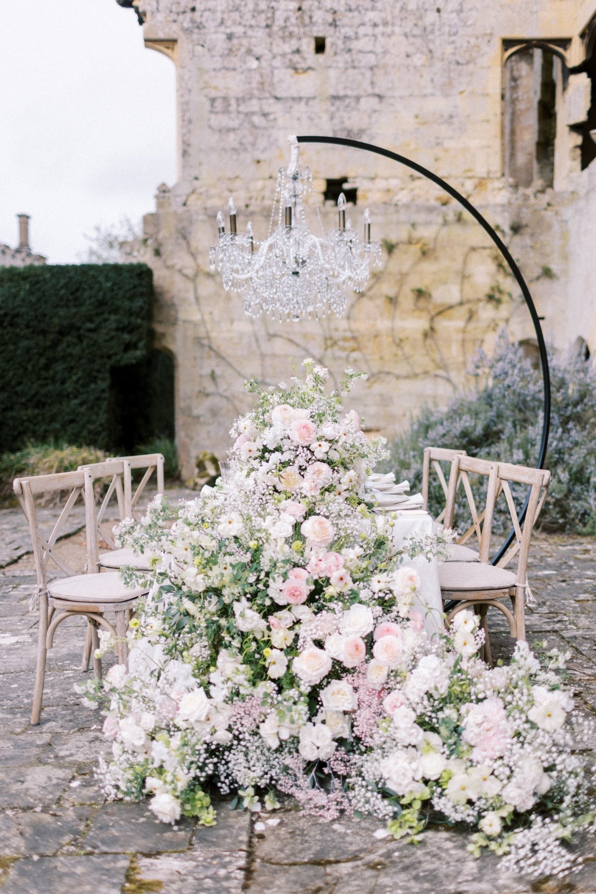 cascading blush and white floral table runner