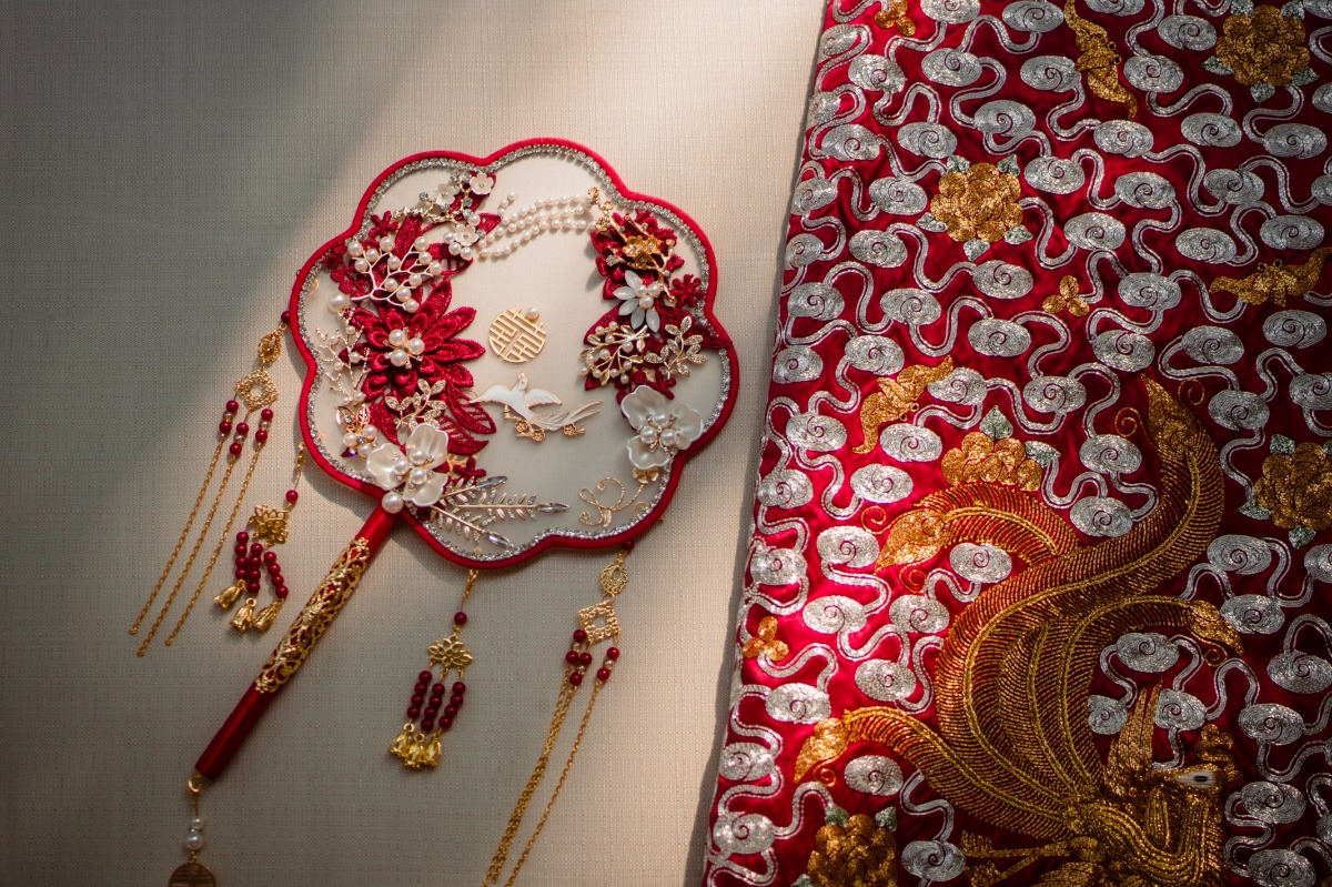 traditional chinese fan and fabric for tea ceremony