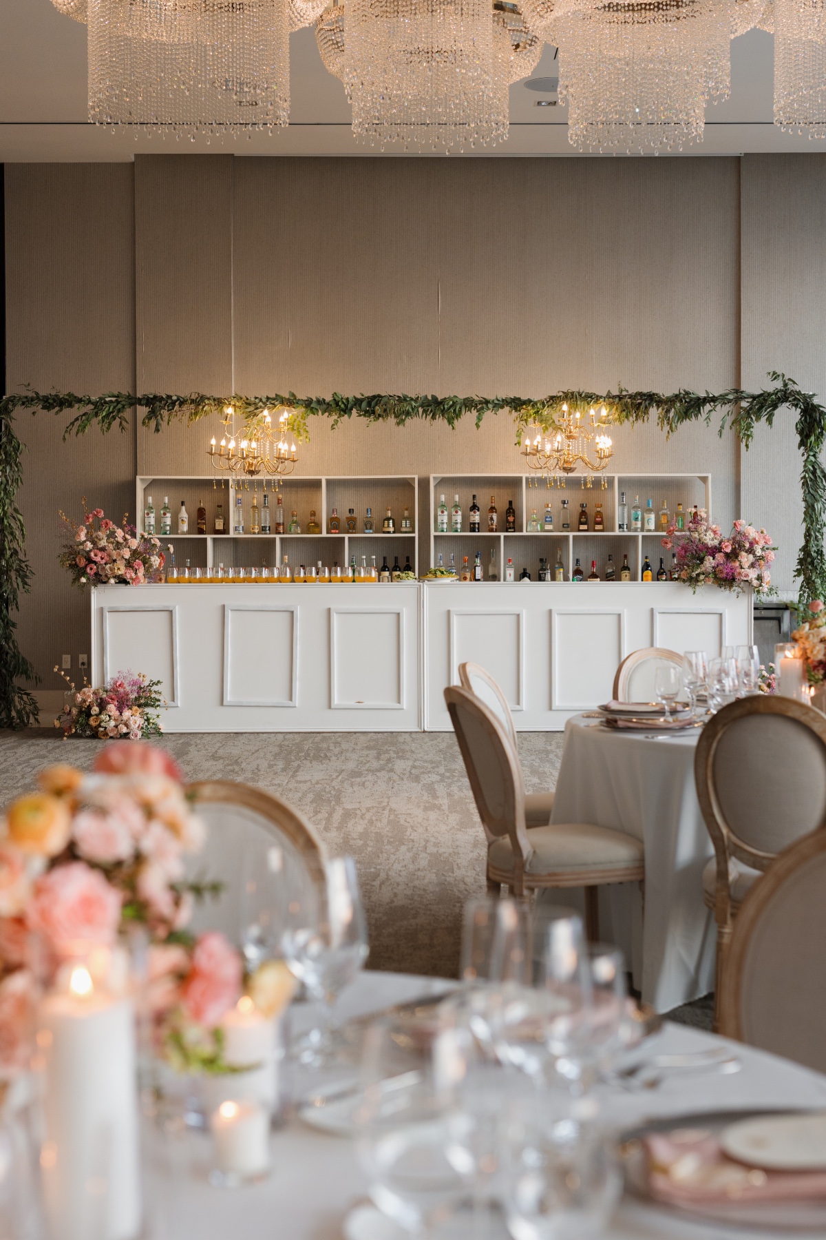 peach and blush indoor wedding reception