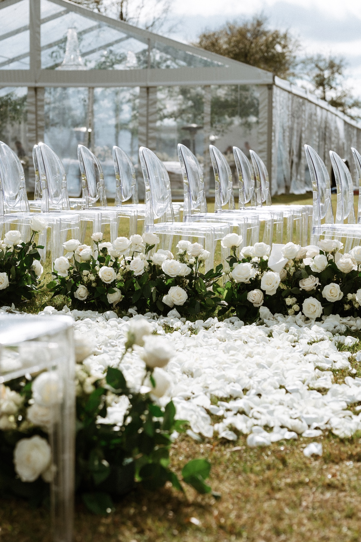 wedding ceremony with white rose petal aisle and acrylic chairs