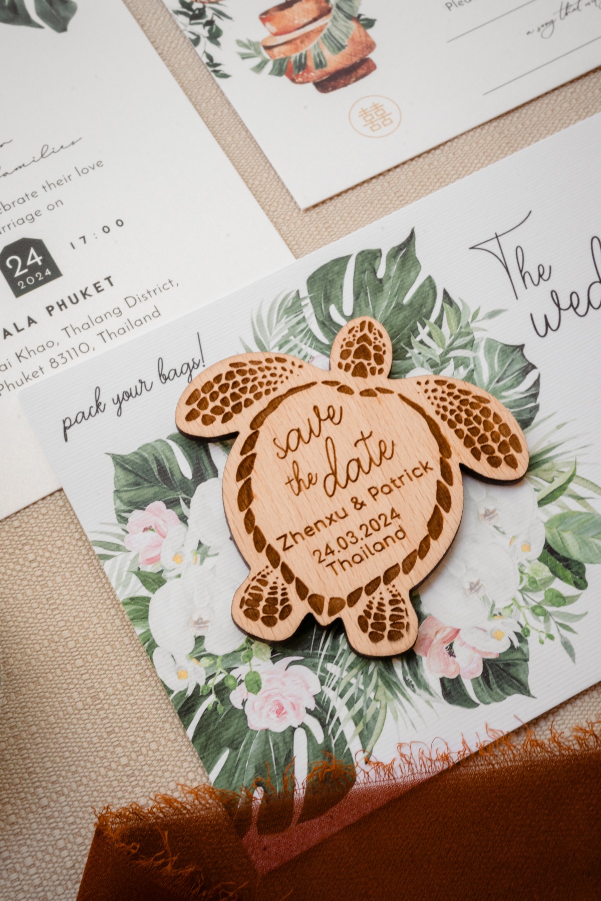 wooden save the date for tropical wedding