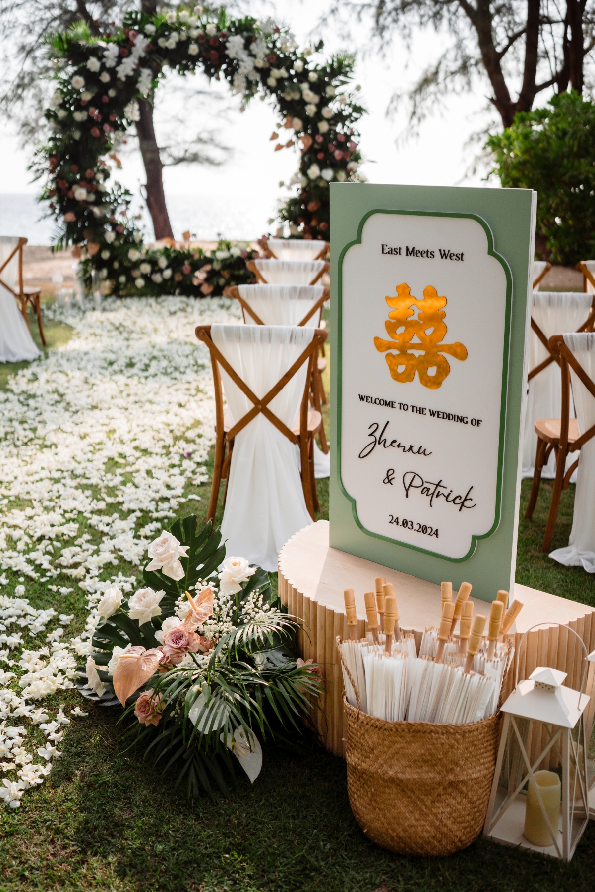 white petal lined aisle for outdoor wedding ceremony