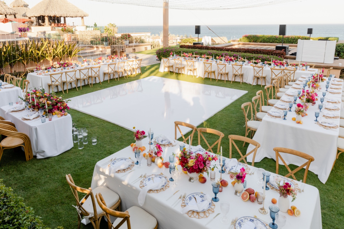 colorful outdoor wedding reception in the round