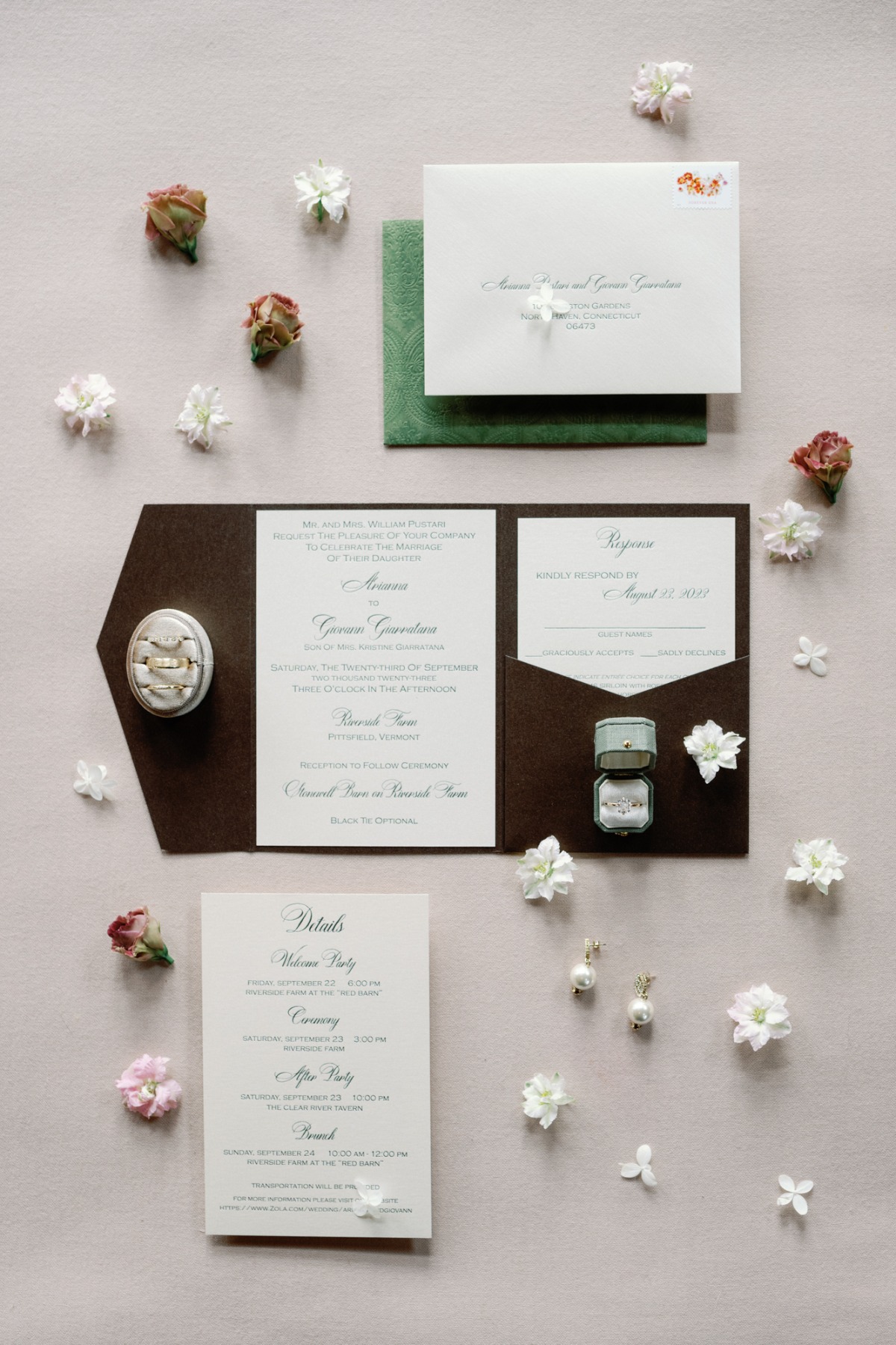 brown and green wedding invitation suite