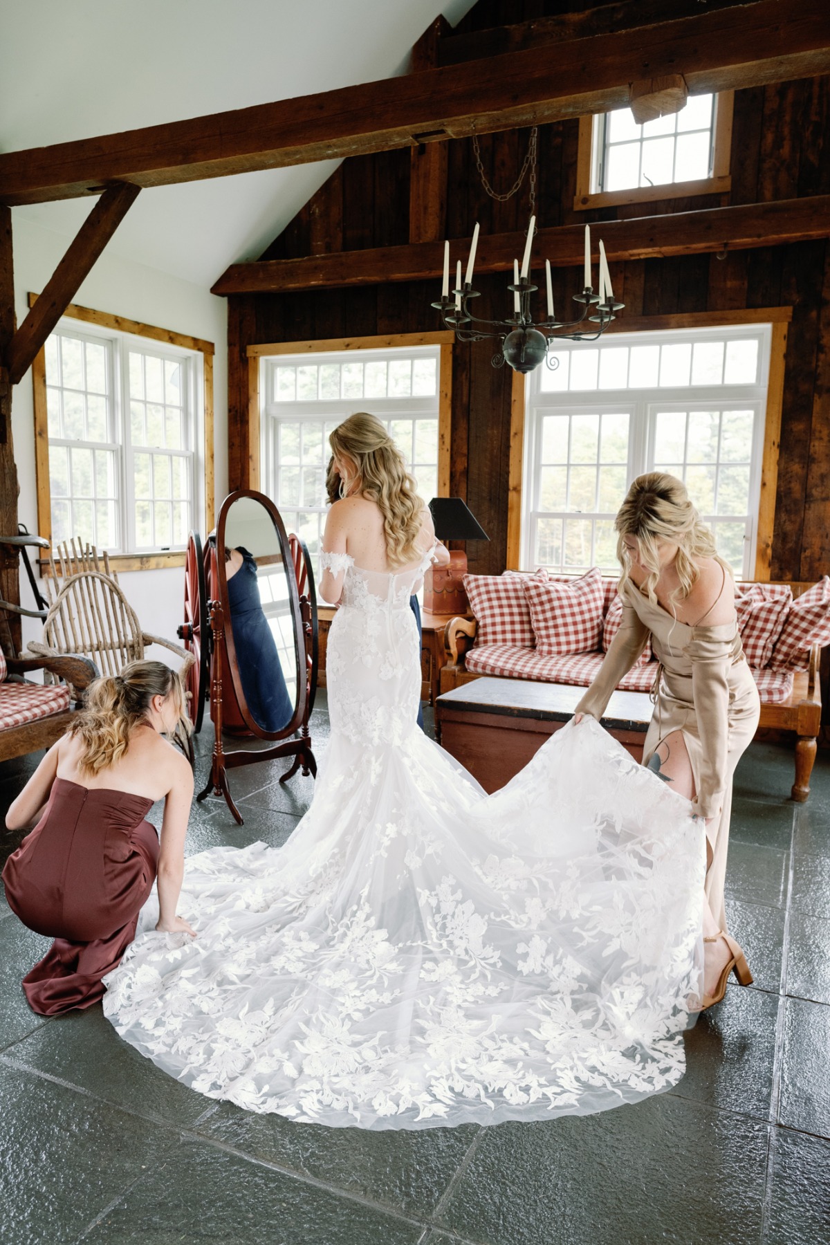 long sleeve lace wedding gown in barn